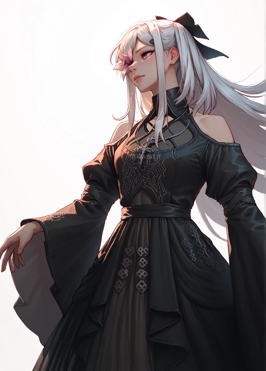 1girl, solo, long hair, white hair, hair bow, hairclip, flower over eye, pink eye, zeroalt, black dress, necklace, exposed shoulders, wide sleeves, cowboy shot, white background   <lora:Nier_Zero-PONY:0.8>, score_9, score_8_up, score_7_up, score_6_up,