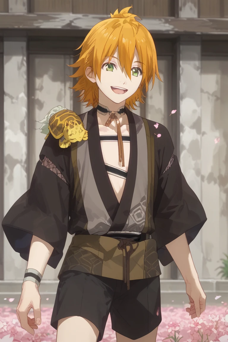 score_9, score_8_up, score_7_up, score_6_up, urashima kotetsu, green eyes, hanamaru style, 1boy, male focus, smile, turtle, orange hair, open mouth, animal on shoulder, solo, flower, japanese clothes, petals, shorts, idol