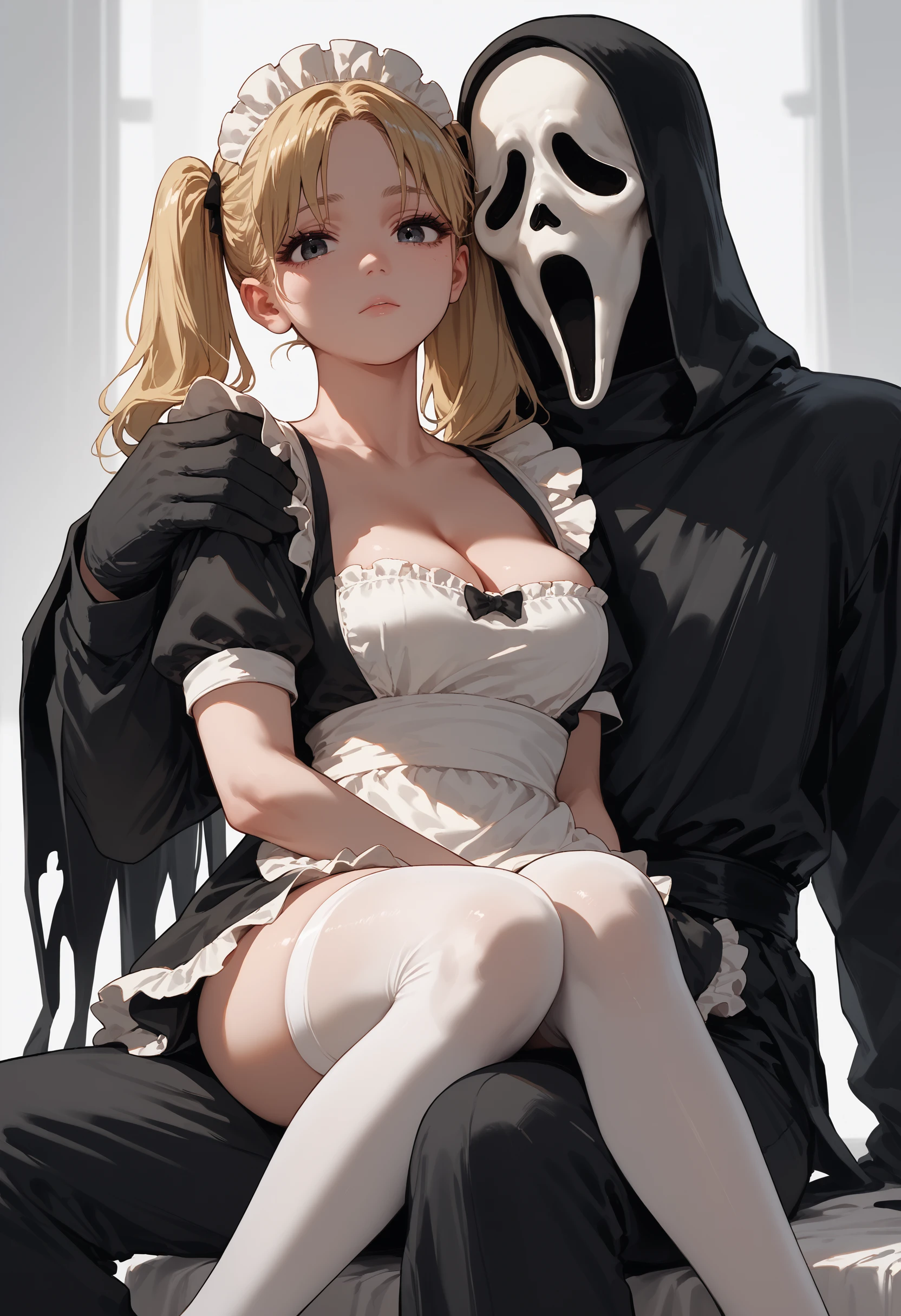 score_9, score_8_up, score_7_up, score_6_up, 1girl,blonde hair, twintails, 
maid, sitting on lap, 
1boy, ghostface, looking at viewer, white thighhighs, cleavage, arm around shoulder,
<lora:ghostface_v0.2-pony:1>