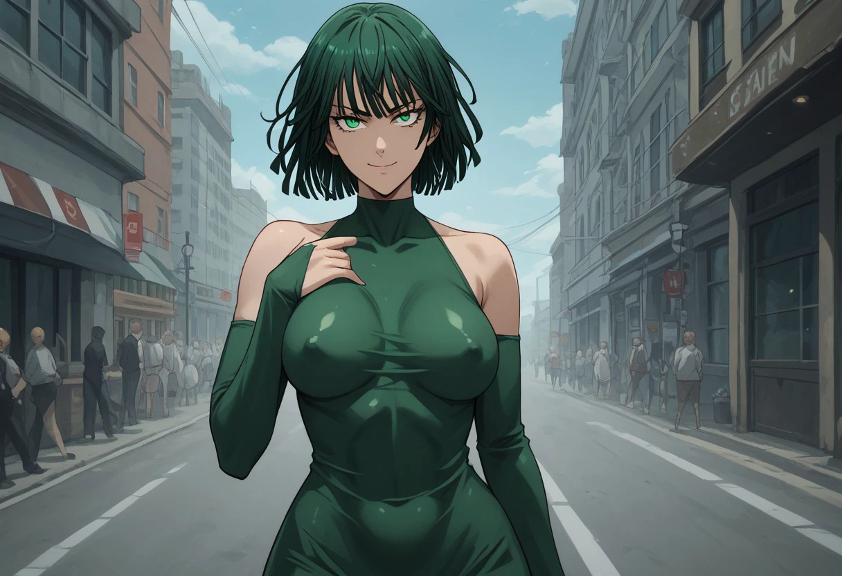 score_9,score_8_up,score_7_up,score_anime,score_manga,score_hentai,zPDXL2,<lora:Expressive_H:0.6>,expressiveh, 1girl,mature female,short hair,green hair,fubuki \(one-punch man\),<lora:One_Punch_Man:1>,covered , green latex dress, smirk, cinematic lightning, city background