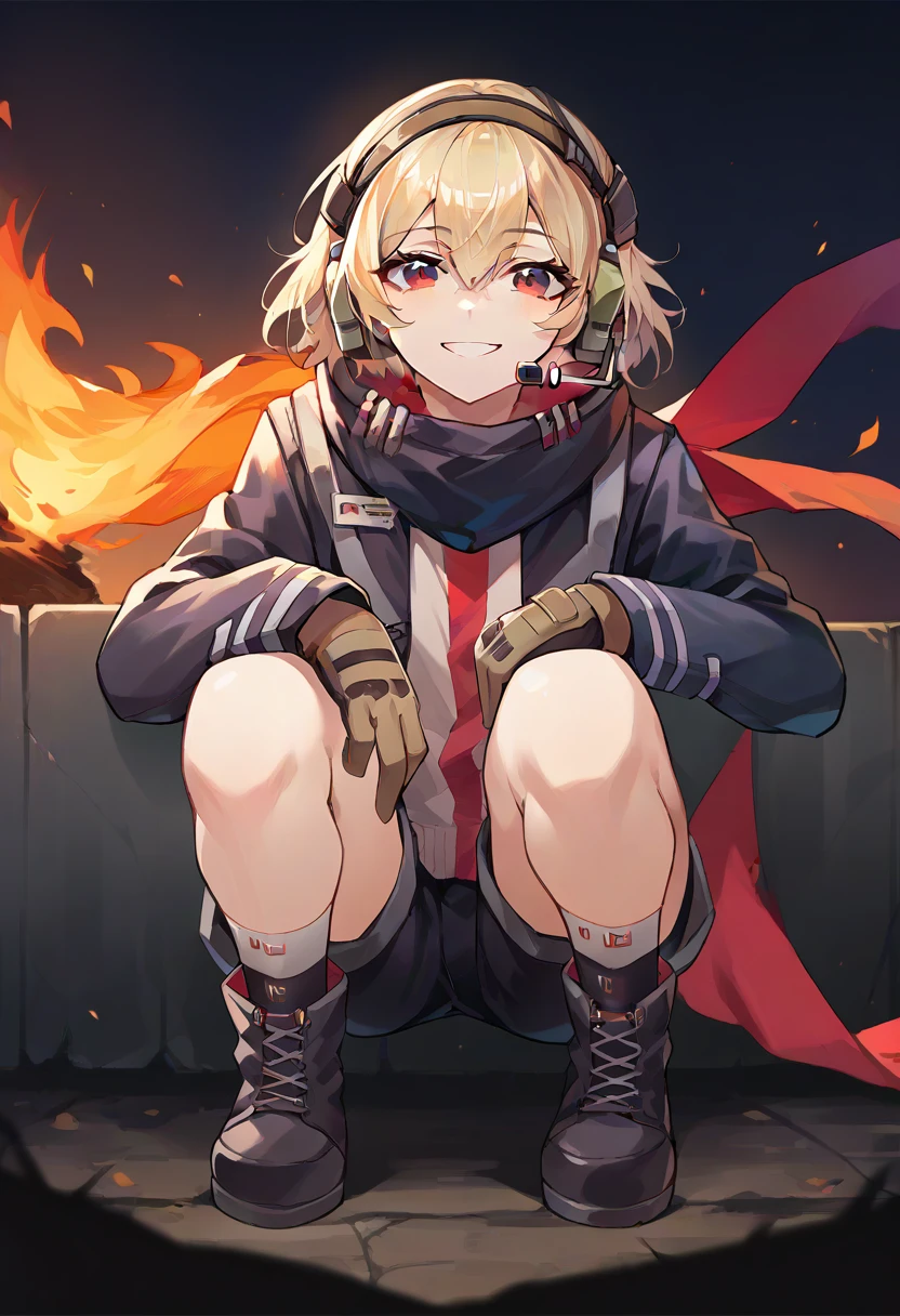 score_9, score_8_up, score_7_up, source_anime, BREAK, blonde hair, red eyes, gloves, jacket, scarf, headset, asymmetrical legwear, squatting, shorts, night, fire, looking at viewer, smiling