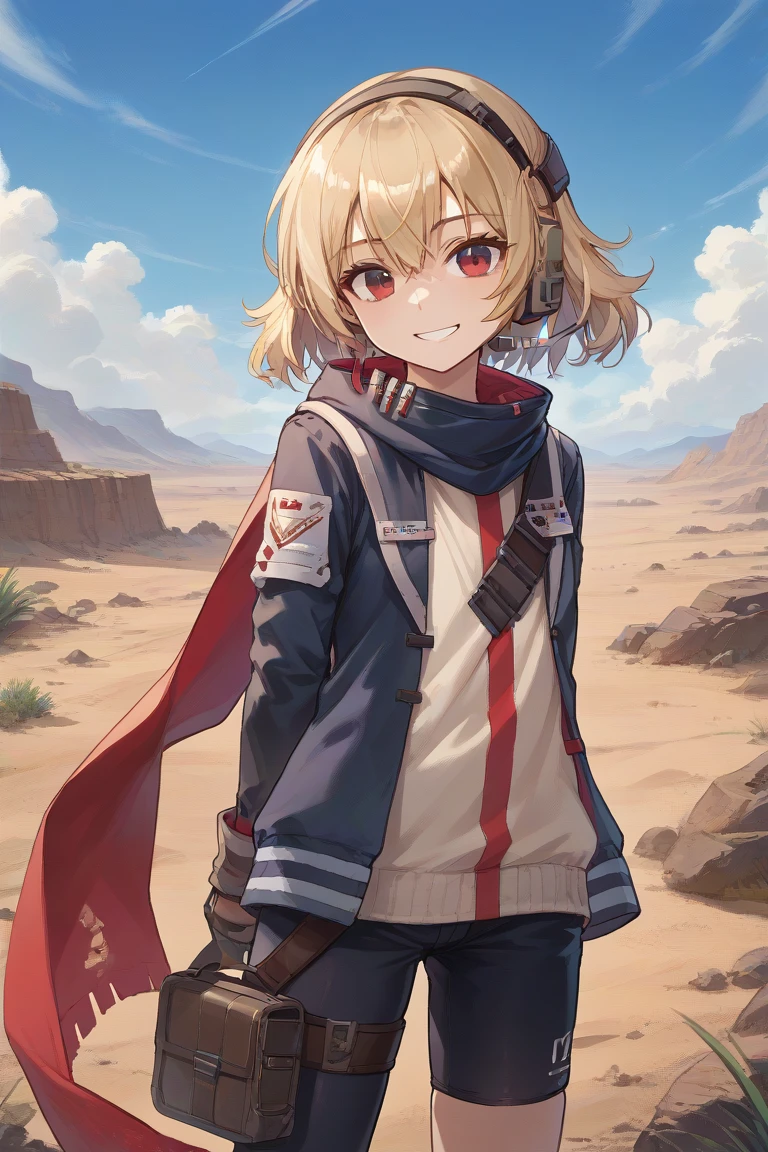 score_9, score_8_up, score_7_up, source_anime, BREAK, blonde hair, red eyes, gloves, jacket, scarf, headset, asymmetrical legwear, shorts, landscape, desert, looking at viewer, smiling, hands behind back