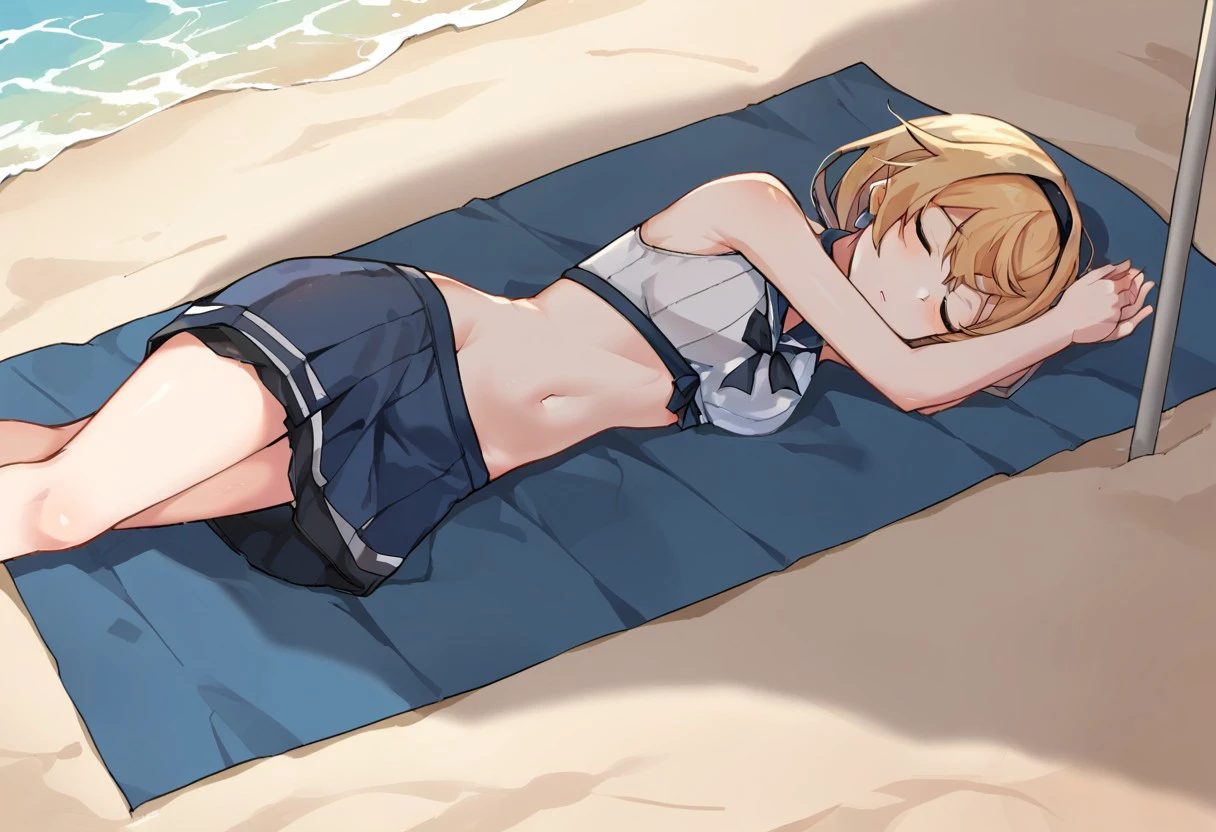 (Masterpiece、Highest quality、Very detailed、4K)、One Woman、17 years old、Light golden hair、Cat ear、short hair、(((Zeta)))、chest、(((Beautiful armpits)))、(((Beautiful thighs))、(((Swimwear)))、(((Sleeping in bed)))
