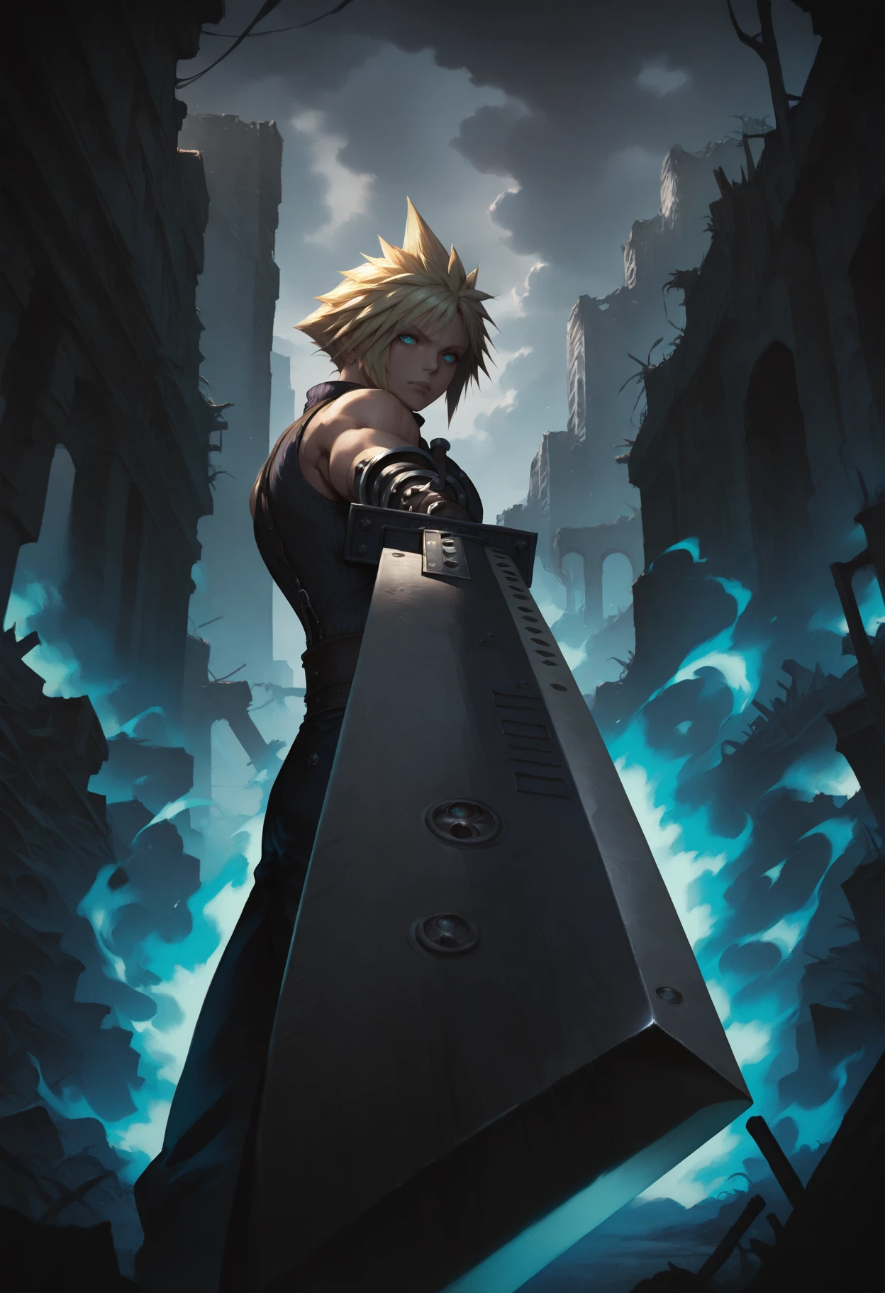 masterpiece, best quality, cloud strife, final fantasy, 1boy, blonde hair, blue eyes, toned, elbow, hand,
looking at viewer, aiming at viewer, stance, holding buster sword,
outdoors, ruins, (foreshortening:0.8), epic, glowing aura, overcast, dark, from side, wide shot,