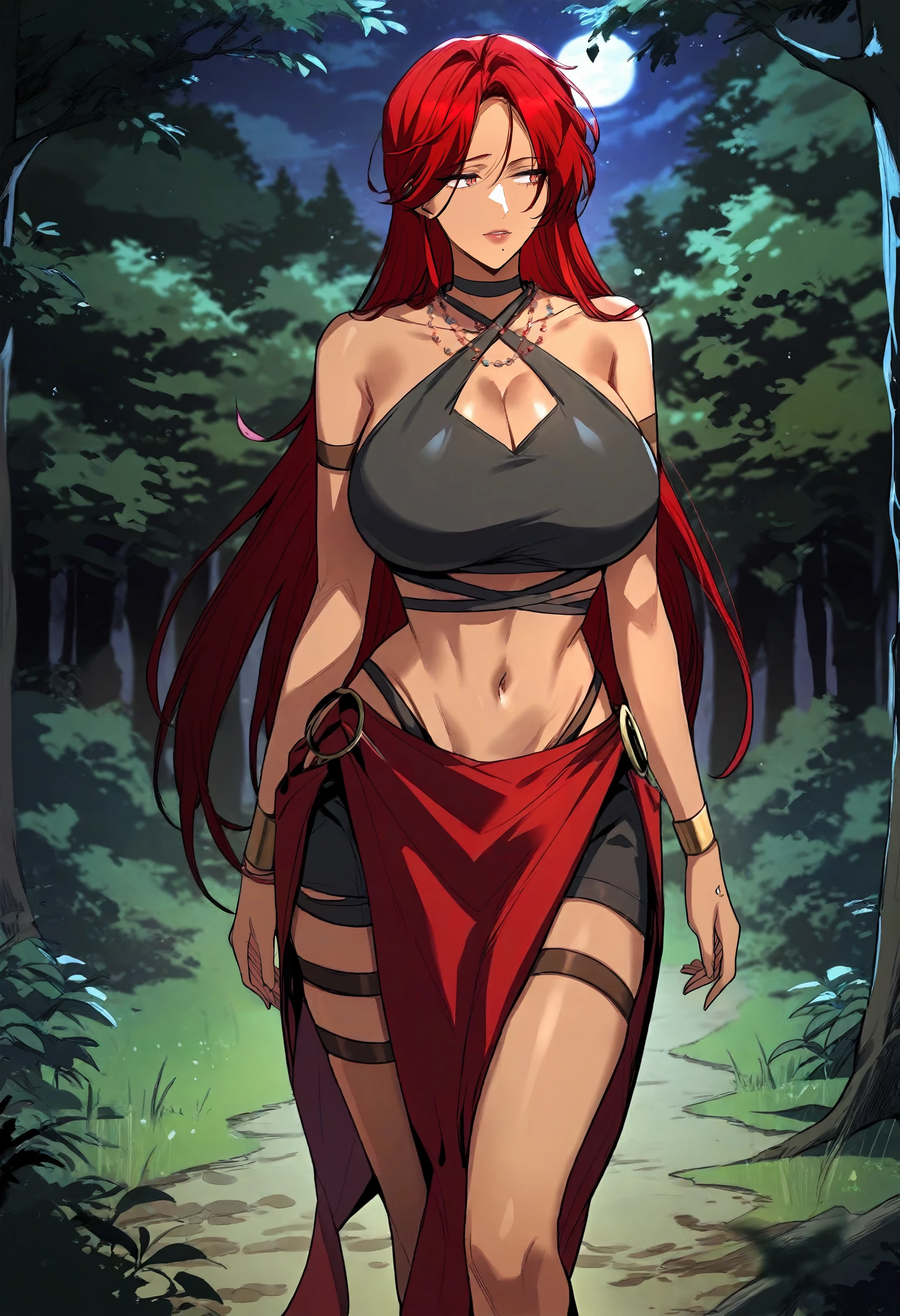A stunningly realistic dark fantasy portrait of a tall, leggy red-haired woman with a chiseled abs, small waist, large emerald green eyes, and plump lips. She stands confidently, her body displayed in all its glory. The background is a mix of dark, brooding colors, with some ethereal elements, creating an atmospheric and mysterious setting. The overall tone of the image is a blend of beauty, power, and darkness., dark fantasy, portrait photography, painting, bien jugosita, la quiero en 4