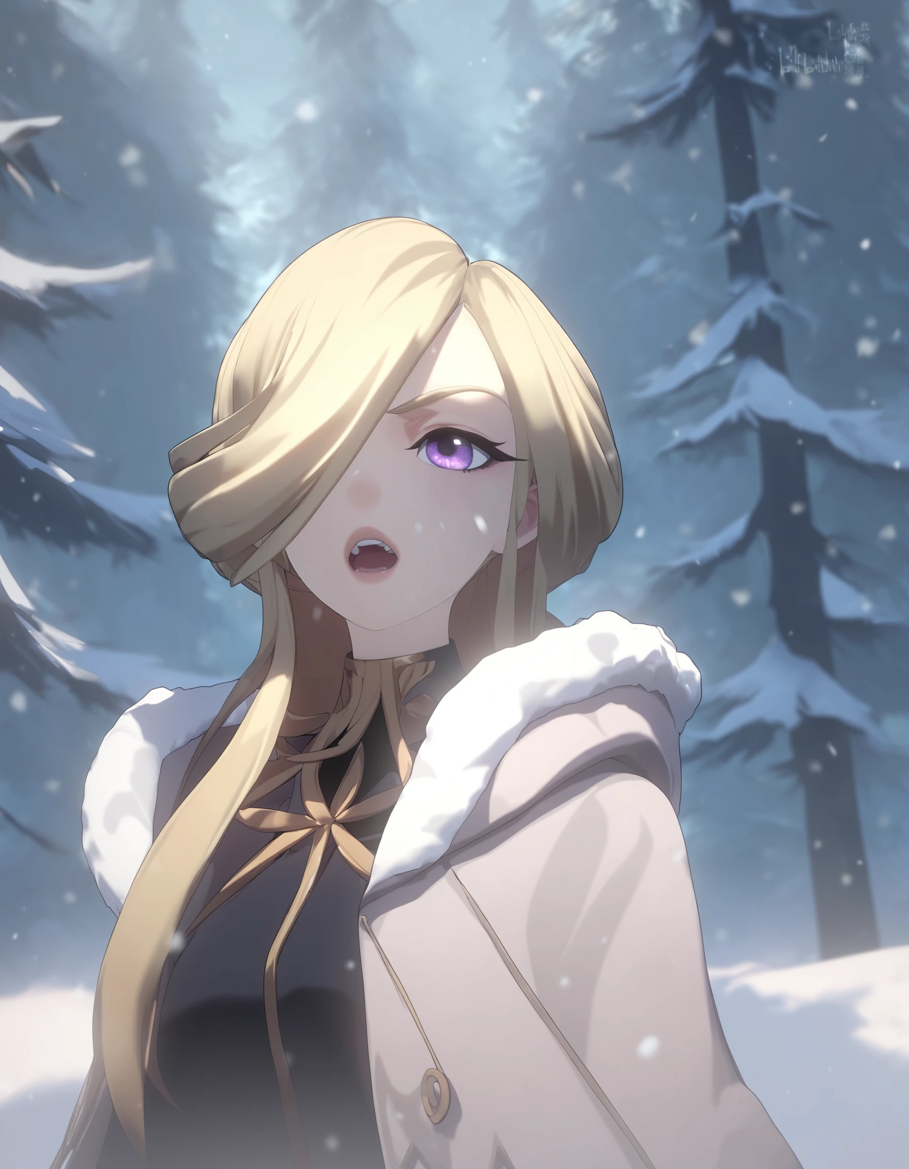 score_9,score_8_up,score_7_up,source_anime,<lora:ykzg_pony:1>,1girl,blonde hair,solo,purple eyes,tree,hair over one eye,gloves,long hair,snowing,snow,open mouth,black gloves,outdoors,upper body,forest,