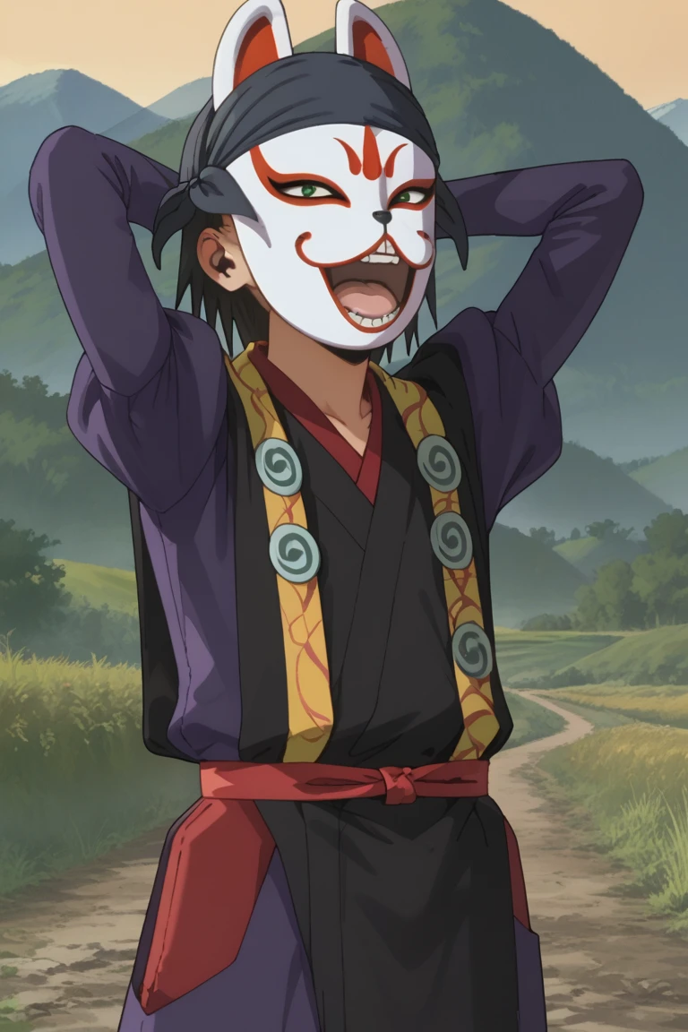 score_9, score_8_up, score_7_up, score_6_up, kazama genba, black hair, fox mask, japanese clothes, ninja, sash, purple pants, juliet sleeves, purple shirt, bandana, official style, mask, 1boy, male focus, solo, arms behind head, open mouth, outdoors, long sleeves, teeth, mountain, short hair, smile