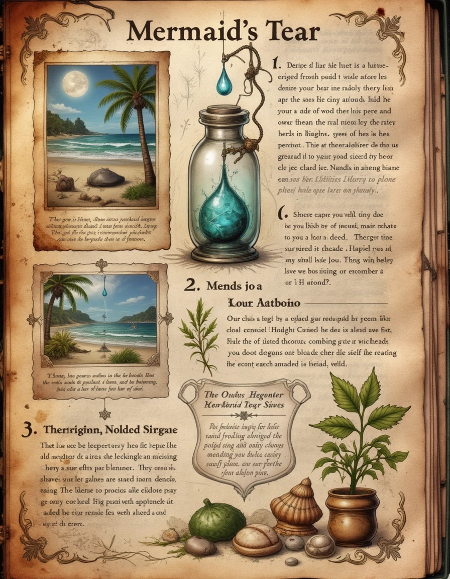 spllbkpg, The guide explores the properties of Mermaidâs Tear, a rare ingredient with healing powers. The main illustration shows a vial containing a single tear, glowing a soft blue. The upper left depicts the process of capturing a tear under moonlight on a beach. To the right, notes detail its use in rejuvenation elixirs and its ability to mend wounds. Below, there are steps for combining it with other herbs for healing salves. The borders are decorated with wave patterns and seashells, evoking a serene, aquatic theme., <lora:codex_arcanum_v20-360:1>, spllbkpg