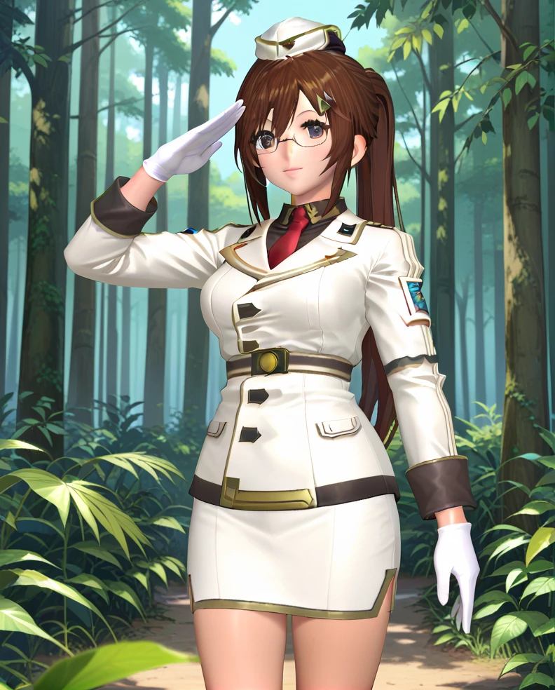 score_9, score_8_up, score_7_up, score_6_up, score_5_up, score_4_up, source_anime,(masterpiece:1.3), (high quality:1.3),,(1girl: solo ,brown hair, boots, gloves,hat, uniform, skirt, glasses,reimi_of, military uniform, white jacket, long hair, ponytail, white pencil skirt, white gloves,garrison cap,salute ),standing,(cowboy shot:1.2),looking at viewer,forest, <lora:Reimi-SOA:1.0>