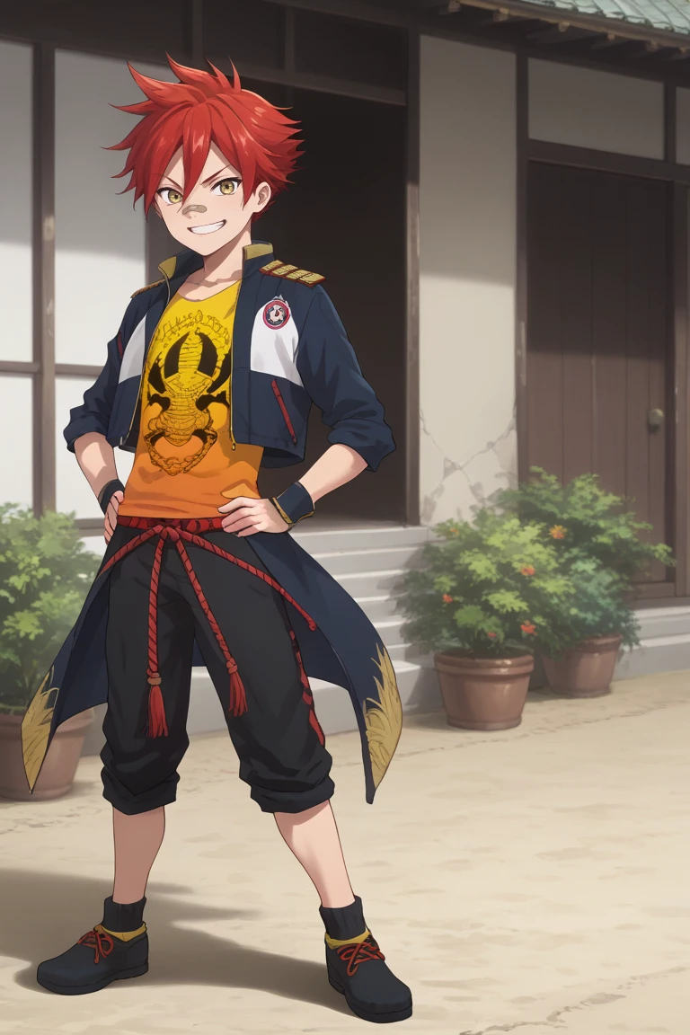 score_9, score_8_up, score_7_up, score_6_up, aizen kunitoshi, red hair, yellow eyes, bandai on nose, crop jacket, yellow shirt, open jacket, pants rolled up, black pants, 1boy, male focus, bandaid on nose, smile, bandaid on face, bandaid, grin, tantou, solo, hand on hip, weapon, full body, sword, short sword, hanamaru style