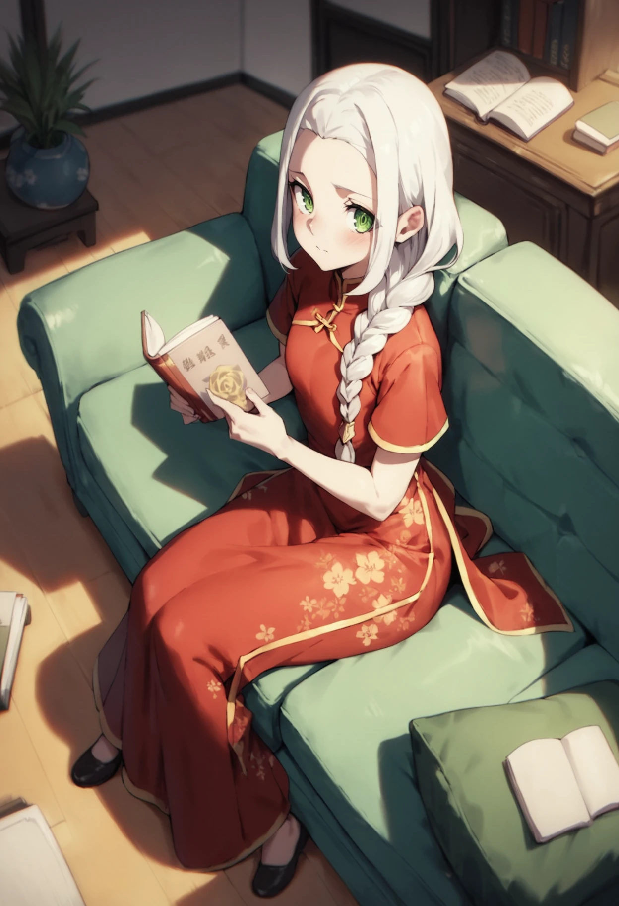 score_9, score_8_up, score_7_up,
solo, living room,
chinese princess outfit, red dress, long skirt, short sleeves, blushing, shy, floral print, sitting, holding book, from above, sitting on sofa, side view, looking at viewer, shoes, 
 <lora:Yuri Ullen:0.8>, yuriullen, long braid,