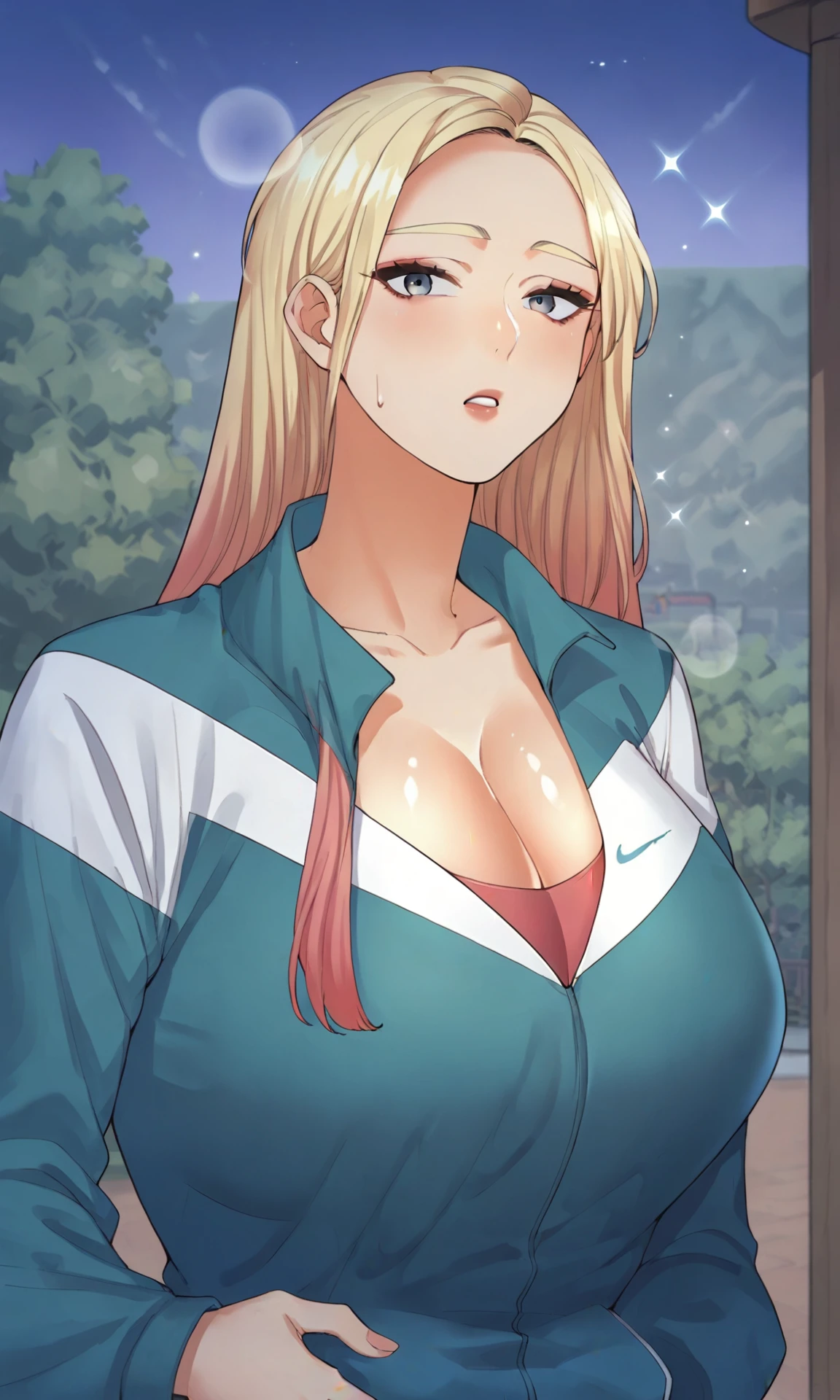 score_9, score_8_up, 1girl, solo, huge breasts, blonde hair, long hair, multicolored hair, jacket, Narrow shoulders, looking at viewer, standing at attention, standing straight, hand on own hip, outdoors,