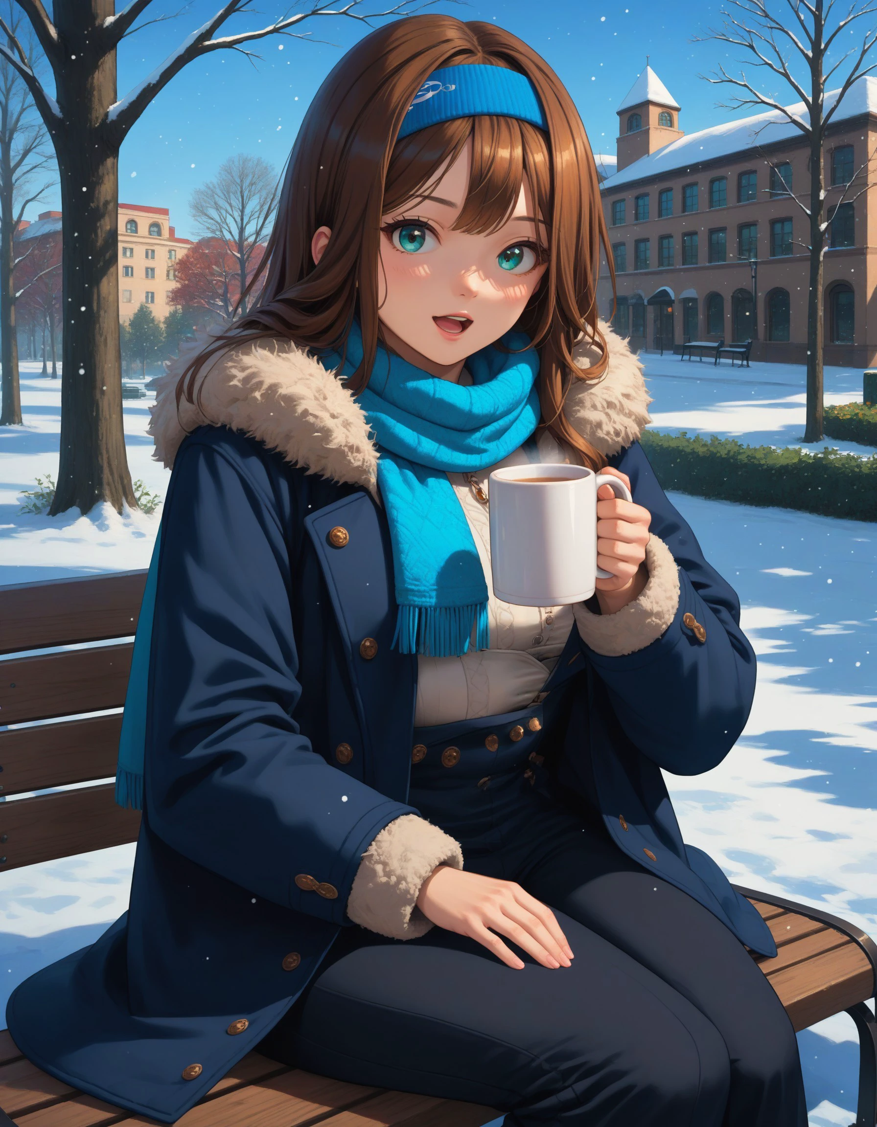 score_9, score_8_up, score_7_up, source_anime, outdoors, park, bush, tree, snow, snowing, bench, light particles, sunbeam, lens flare,
BREAK 1girl, rumanink, aqua eyes, long hair, brown hair, hairband, large breasts, black coat, fur-trimmed coat, big coat, winter clothes, blue scarf, hood, black pants, sitting, looking at viewer, open mouth, holding mug,
<lora:rumaninikke-pdxl-ravenfoot-v1-CAME:1>