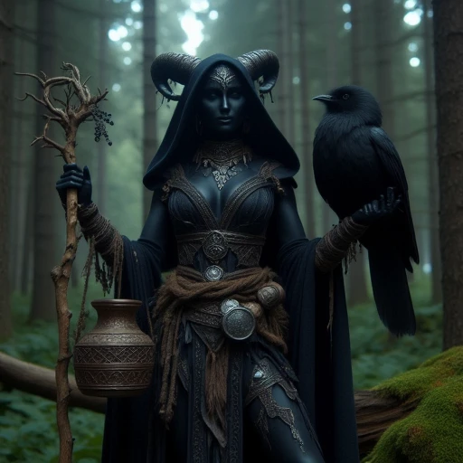 A druid with onyx-black skin who blends into the forest shadows, her bond with nocturnal creatures aiding her in her quest to protect the wild. casting magic