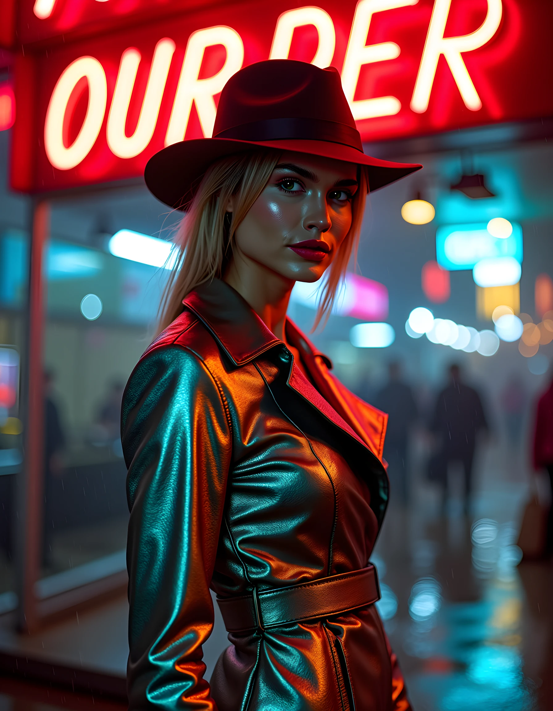 In a gritty, noir-inspired setting of rain-soaked neon-lit streets, the silhouette of N1C0L3V, a woman clad in an eye-catching ensemble of a trench coat made from iridescent, metallic fabric that shimmers with every drop of rain, and a contrasting red lipstick-stained fedora tilted slightly to one side, stands defiantly against the stormy backdrop. Her piercing green eyes are focused intensely on an unseen adversary, her hands clenched into fists at her sides, the cold, wet pavement reflecting her determined gaze. The image is captured from a low angle, emphasizing her imposing presence and the ominous atmosphere, with the glowing neon signs in the background casting eerie, elongated shadows that dance upon the wet ground, creating an emotional tone of tension and anticipation.