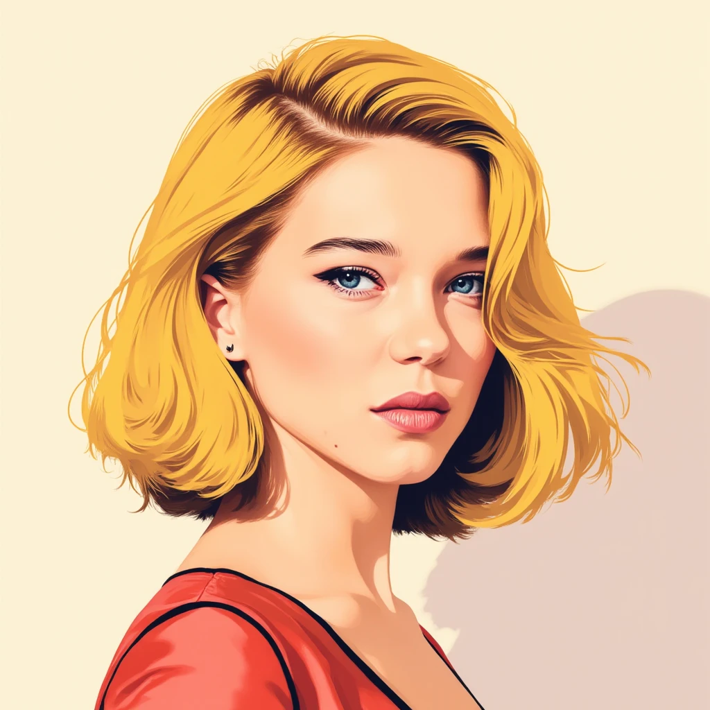 Award-worthy vector illustration art of Lea Seydoux with blond french bob, the linework is sharp, colorful and expressive, simplified and flat shapes that enforce woman's facial features, dynamic composition, professional-grade vector illustration with pastel colored gradient background