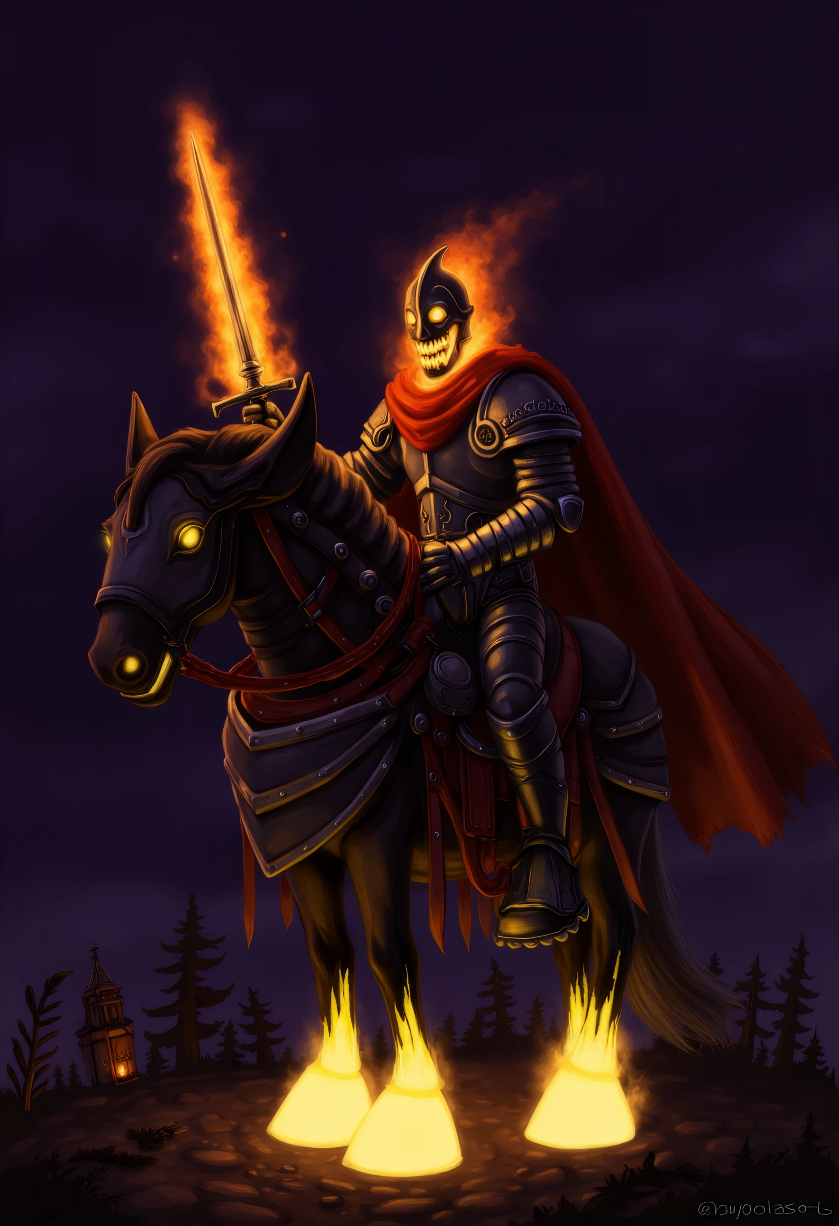 wow_headlesshorseman, skeletal design, This digital drawing depicts a fantastical, giving an eerie, adding to its eerie appearance., skeletal design. The flames are also visible on the horse, This is a vibrant, and is detailed with intricate designs and textures that evoke a medieval fantasy aesthetic., is holding a flaming sword that emits bright, luminescent effect. The knight wields a sword with a glowing blade, revealing sharp teeth.