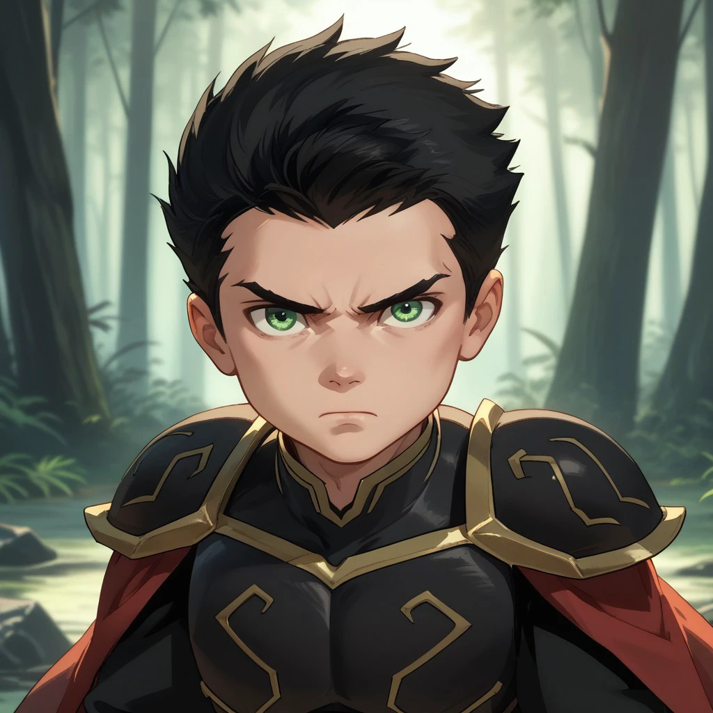 score_9, score_8, score_7, break, solo, Damian_w, 1boy, black hair, short hair, green eyes, armor, cape, looking at viewer, scowl, forest, natural lighting,