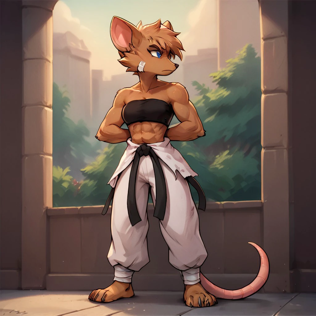 score_9, score_8_up, score_7_up, score_6_up, score_5_up, score_4_up, olympia, rat, brown fur, furry, female, blue eyes, short hair, karate gi, black belt, tube top, bandage on face, barefoot, athletic female, abs, solo, 1girl, standing, looking away, solo, anthro, arms crossed