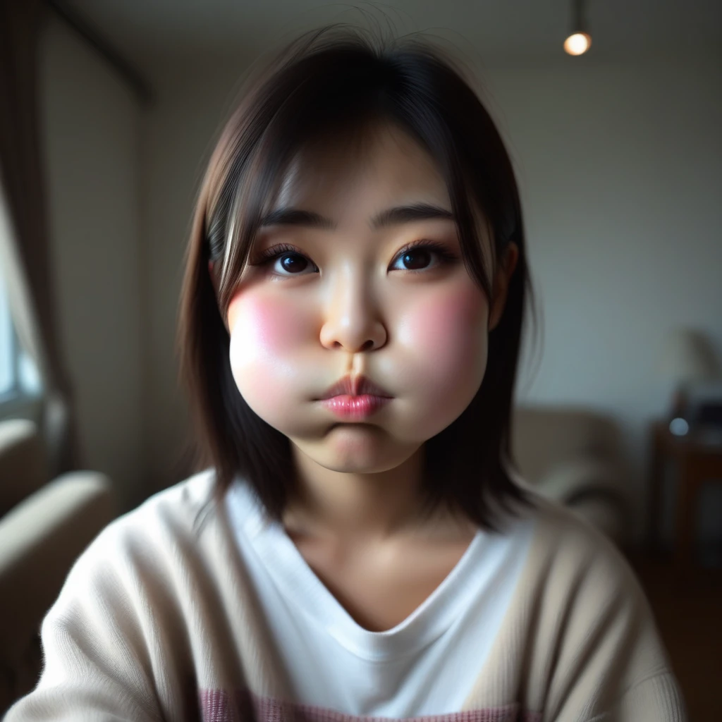 puffedoutcheeks, 1girl, solo, human, Japanese, black hair, puffed out cheeks, round cheeks, full cheeks, especially round cheeks, puckered lips, upper body, indoors, looking at viewer, realistic, real life photo, light reflection on cheeks