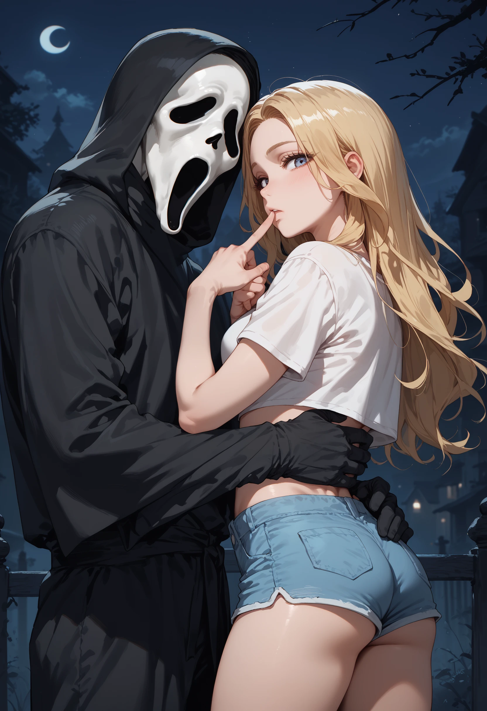 score_9, score_8_up, score_7_up, score_6_up, 1girl, blonde hair, short shorts, crop top, long hair, 
1boy, ghostface, 
from side, grabbing, looking back, outdoors,arched back, 
finger to mouth, arm around waist, night, looking at viewer, 
<lora:ghostface_v0.2-pony:1.0>