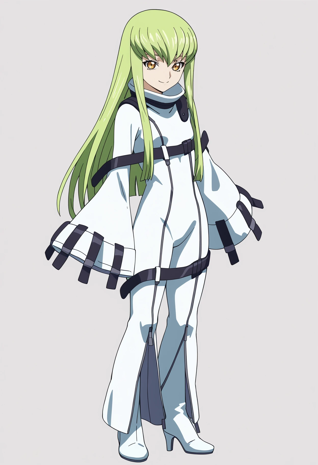 score_9, score_8_up, score_7_up, anime screencap BREAK,
1girl, c.c., bangs, green hair, long hair, yellow eyes,
bodysuit, high heels,wide sleeves, straitjacket,
full body, standing, smile, looking at viewer, simple background, white background, <lora:CCPDXL_byKonan:1>