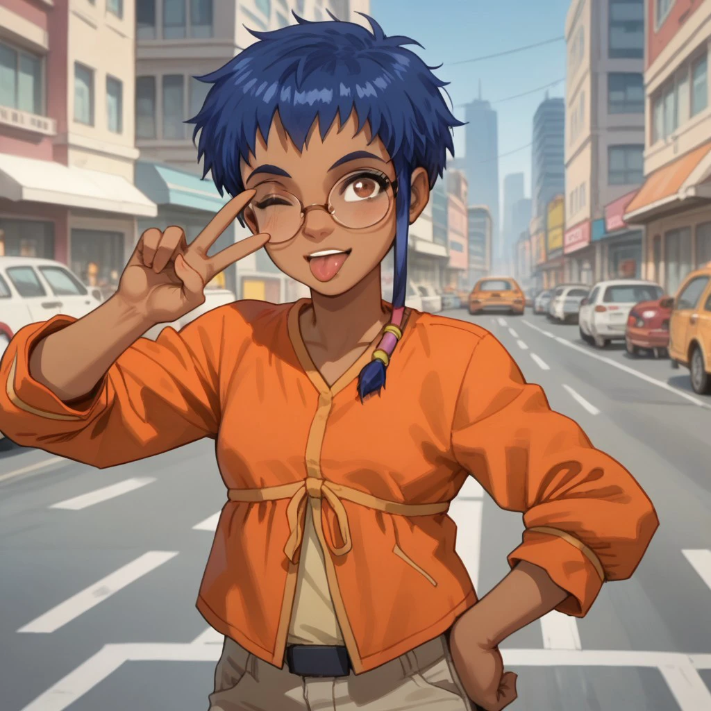 score_9, score_8, score_7, break, solo, taranee_c, 1girl, blue hair, short hair, sidelocks, dark skin, glasses, brown eyes, orange shirt, pants, one eye closed, tongue, v, outdoors, city