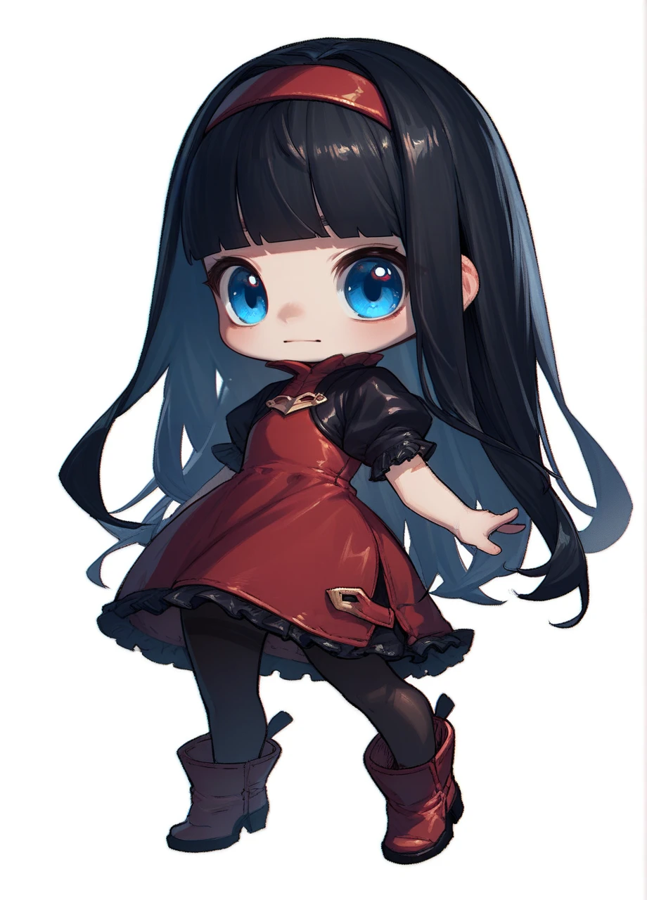 1girl, solo, black hair, long hair, blunt bangs, blue eyes, niern2, hairband, short puffy sleeves, red dress, pantyhose, red boots, full body, chibi, white background  <lora:Nier_RedGirl-PONY:0.8>, score_9, score_8_up, score_7_up, score_6_up,