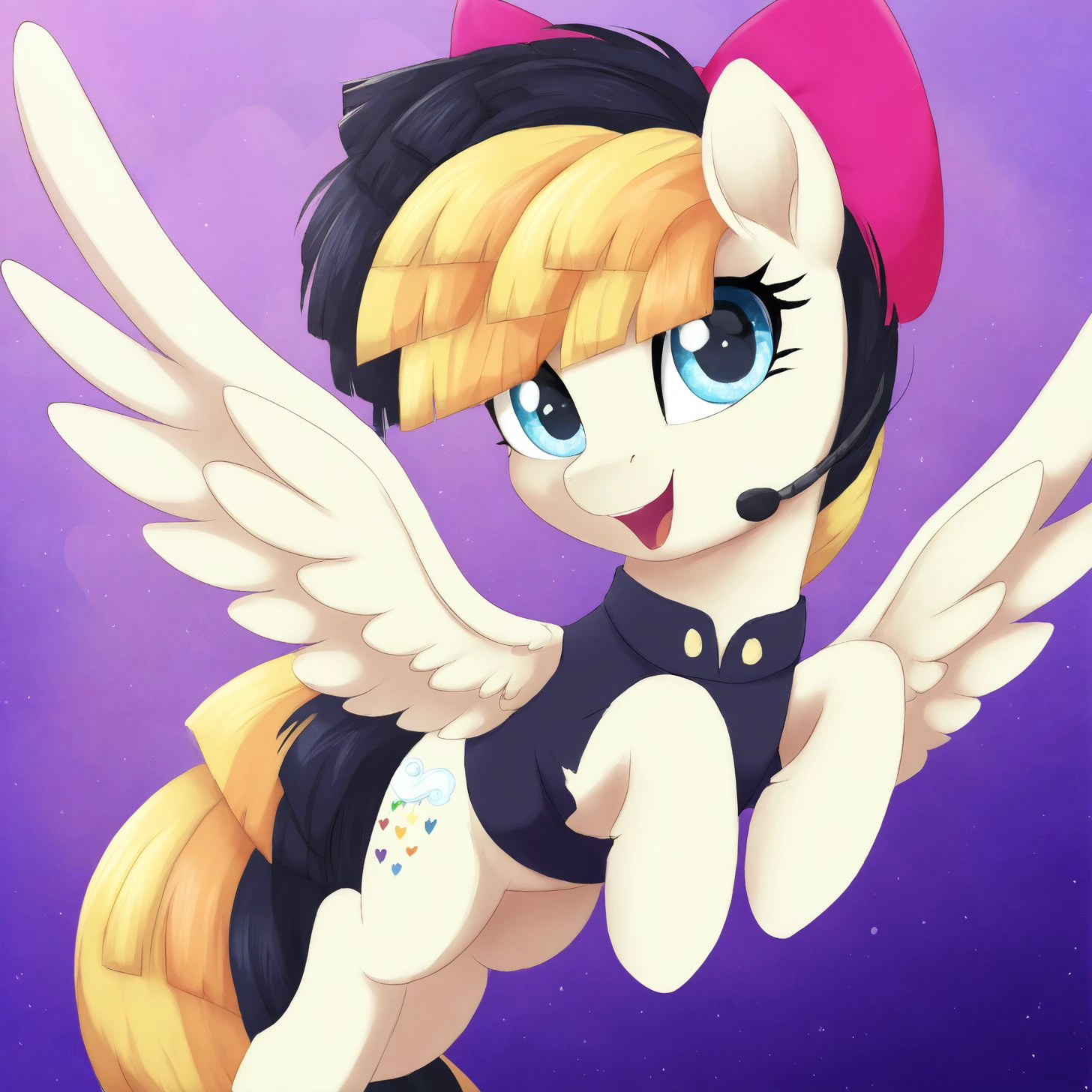 score_9, score_8_up, score_7_up, score_6_up, score_5_up,with beautiful, detailed, (detailed cute pony face), detailed eyes, detailed fur, beautiful, vector, flat colors, (abstract background: 1.8), (looking at you, looking at viewer: 1.5), cute smile, happy, ((close-up)),<lora:Songbird Serenade:1>Songbird Serenade PEGASUS,Blue eyes
<lora:Wholesome_MLP-v1.2:1> <lora:Realistic000003_1_2.5DAnime_0.05_Merge1:1