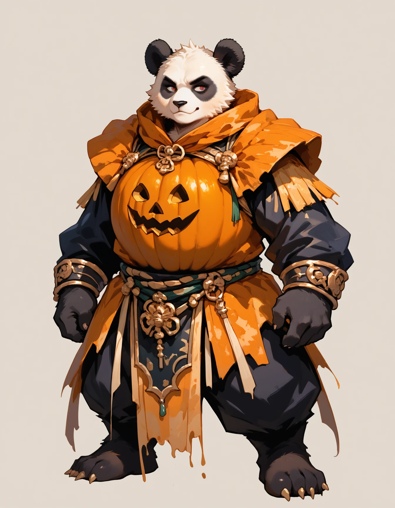 score_9, score_8_up, score_7_up, panda , wearing tattered  Gurkhas attire, body fur, Pumpkin fur, simple background  <lora:Fantasy_Furry_Character_Design_Pony:1>