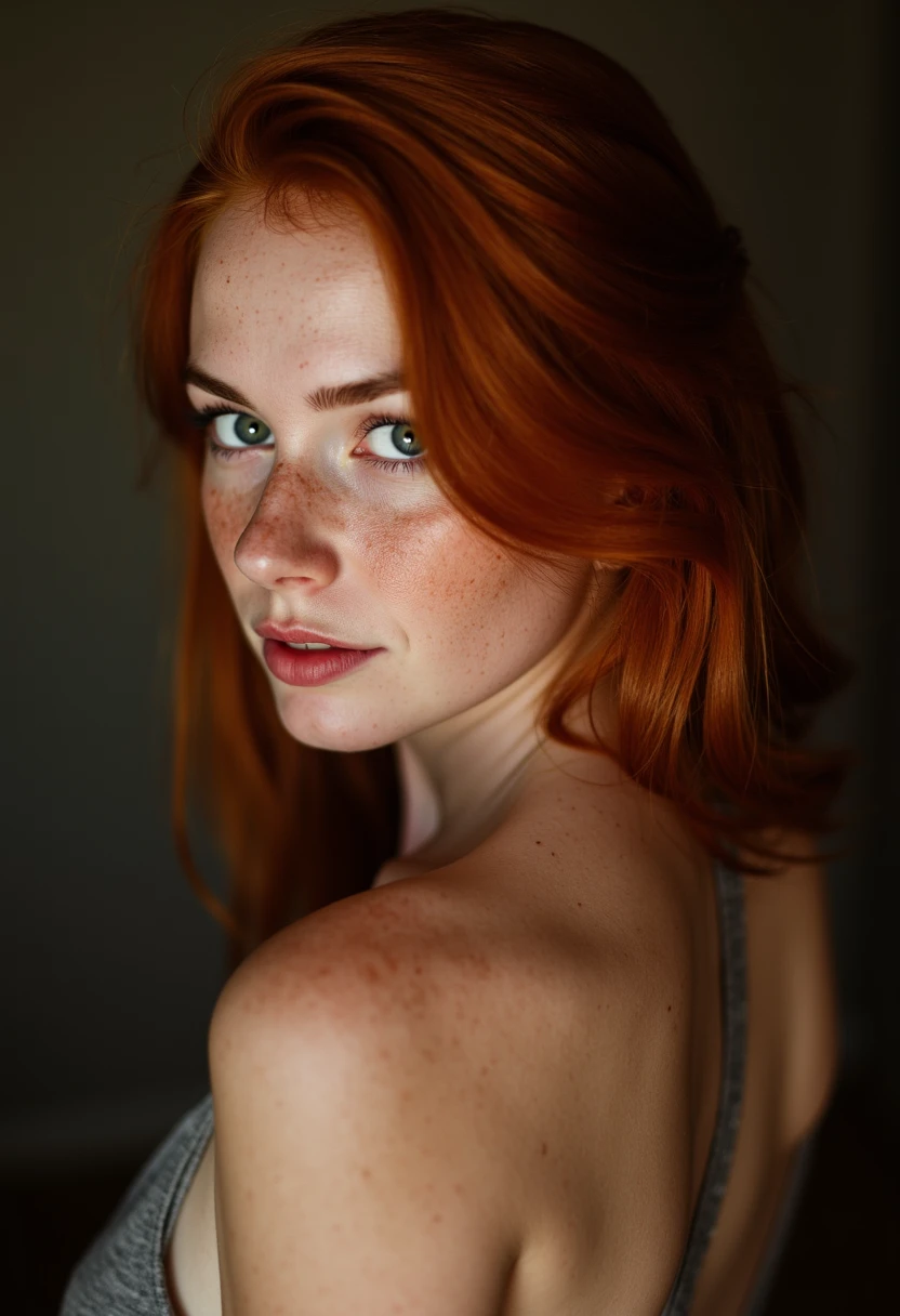 Cinematic model shot of a slim 23 year old woman with red hair and freckles. bare shoulders, shot from behind with the womans head turned to look at the viewer