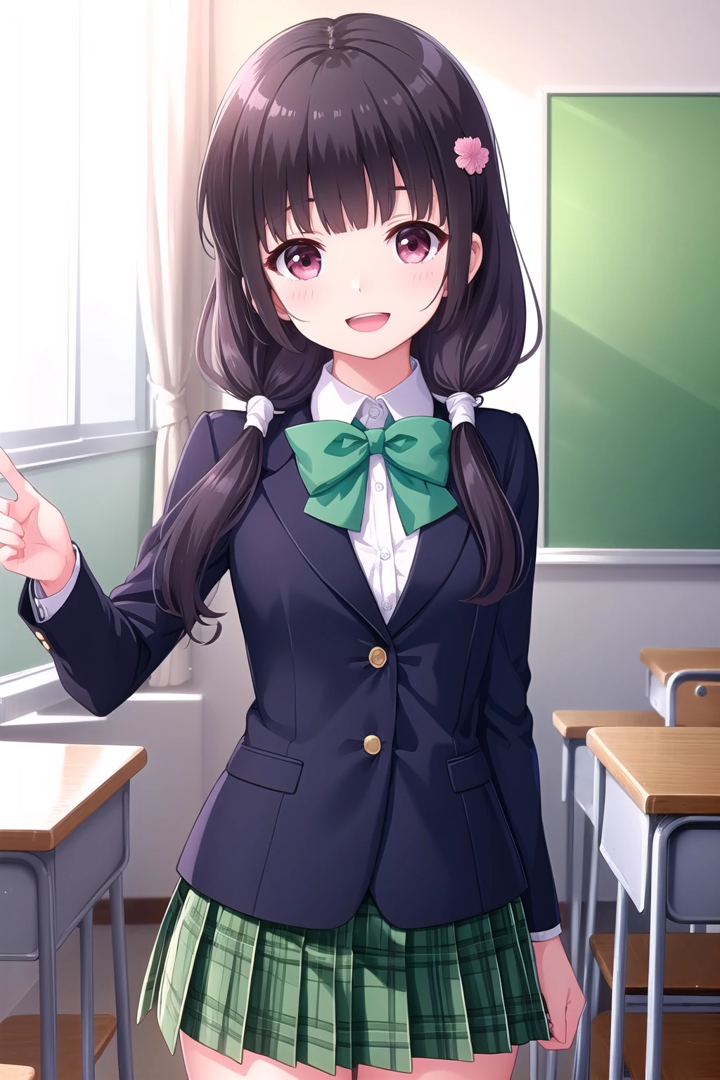 (masterpiece, best quality), highly detailed background, perfect lightingbest quality, morizonomei, solo, indoors, classroom, dark purple hair, flower hair ornament, blunt bangs, low twintails, hair over shoulder, long hair, pink eyes, small breasts, blue jacket, blazer, green bowtie, collared shirt, white shirt, green skirt, plaid skirt, school uniform, smile, open mouth, :d, pink lips, <lora:Morizono-Mei:0.7>