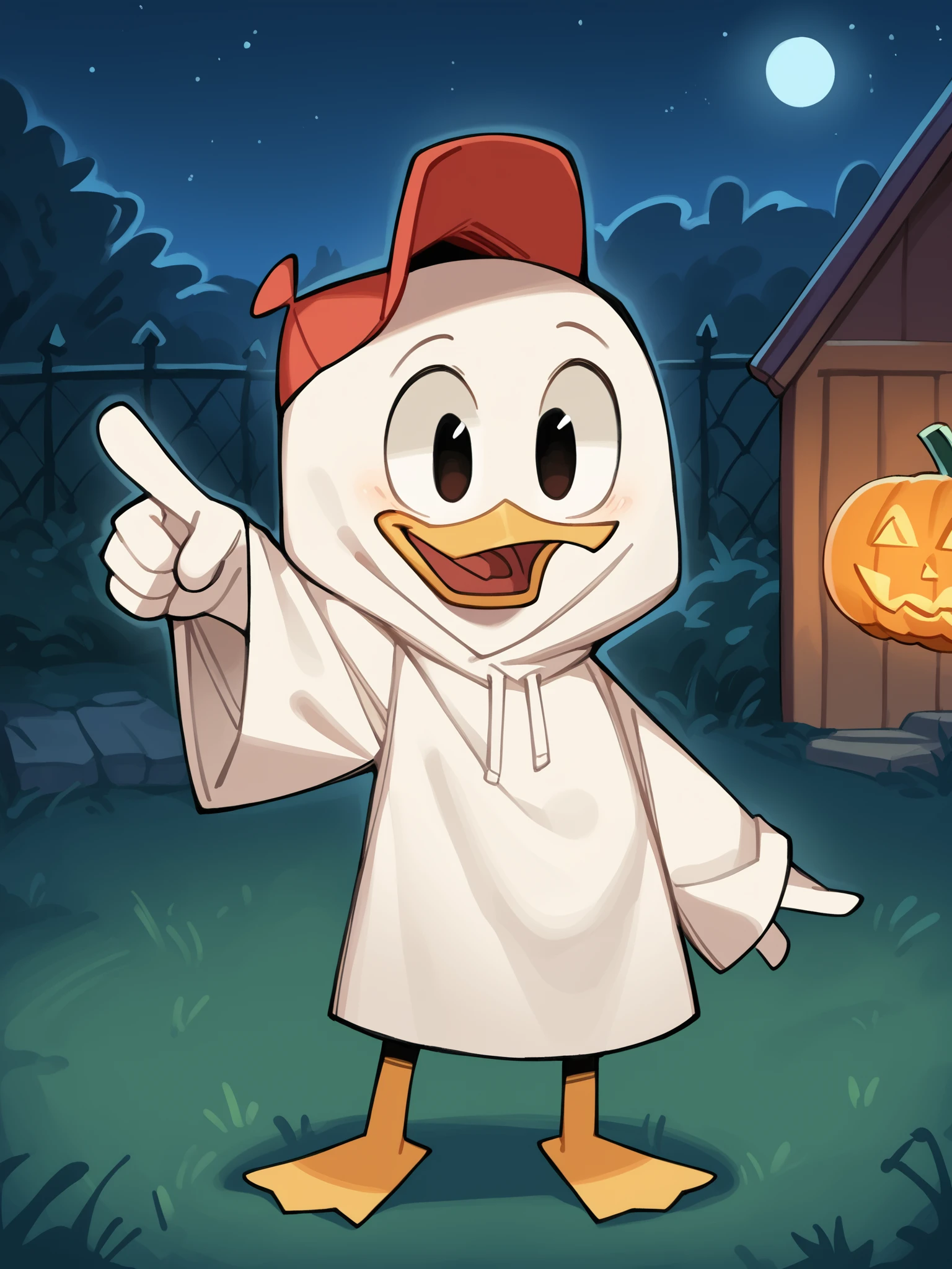 score_9, score_8_up, score_7_up, score_6_up, score_5_up, best quality, highres, source_furry, gjem, (outdoors, night, halloween:1.2)
1boy, male, solo, young, duck, beak, hueypdxl, beak, upper body, happy, pointing up, arm up, red hat, (ghost costume, long costume, covered head, eye holes, white hood,) <lora:Huey_Duck:0.8>  <lora:ghostgirl:0.8>