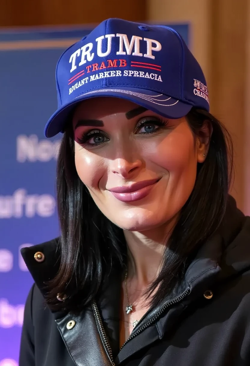 LL woman a woman wearing a black jacket and a blue hat with the word "Trump" on it, smiling in the foreground, while in the background there is a board and a wall.