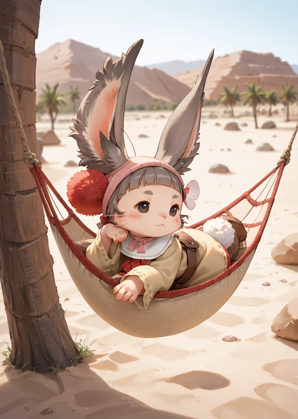 score_9, score_8_up, score_7_up, score_6_up, score_5_up, score_4_up, cute female furry feral chibi gurdy, curled up, sleeping peacefully in hammock, eyes closed, desert camp background, source_furry <lora:Gurdy_Final_Fantasy_XII_Pony-000010:0.8> gurdy, moogle, furry, pompom, footwear, soft fur, rabbit tail, beautiful eyes,