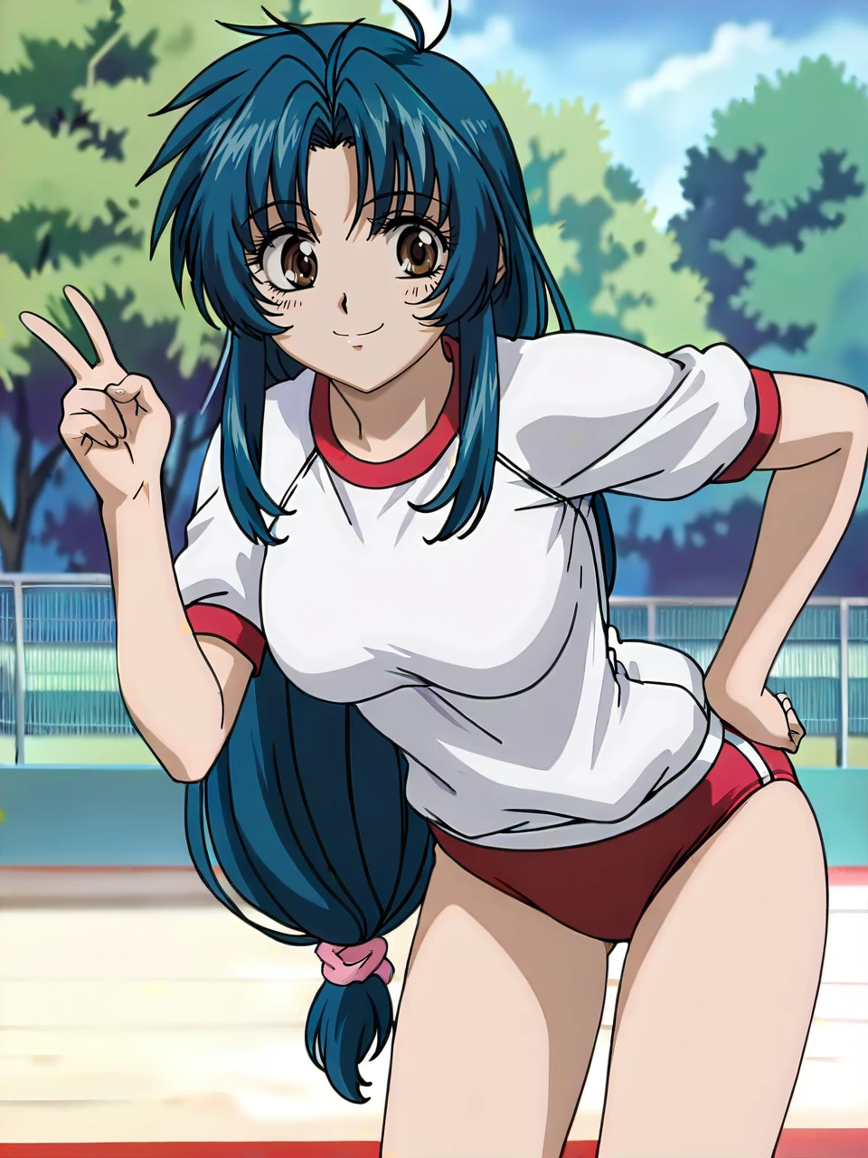 retro_artstyle, 1990s_\(style\),
chidori_kaname,blue_hair, brown_eyes, long_hair,  sidelocks,medium breasts,gym_shirt, buruma,  
park,standing,cowboy_shot,smile,(thrust arm forward,v_sign:1.2),hand_on_own_hip,(bare_legs:-1.1), 