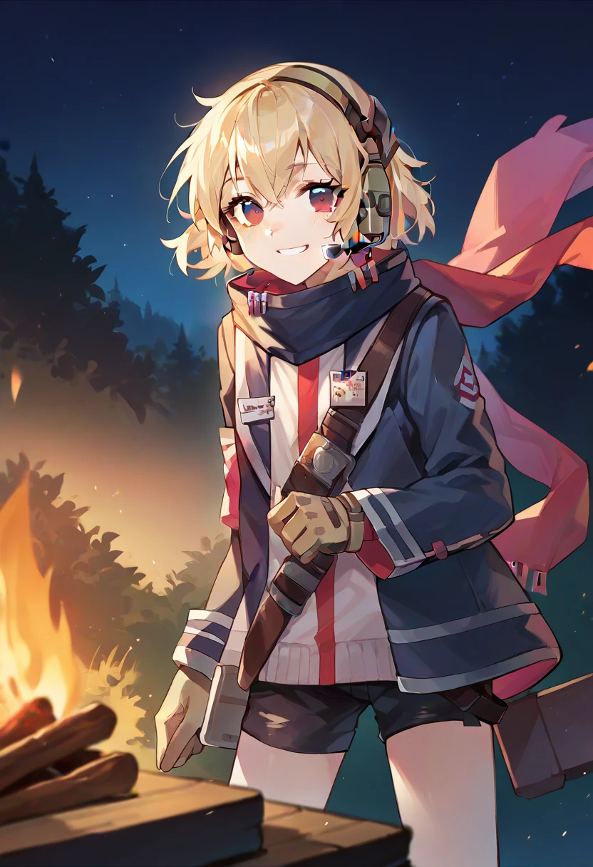 score_9, score_8_up, score_7_up, source_anime, BREAK, blonde hair, red eyes, gloves, jacket, scarf, headset, asymmetrical legwear, shorts, night, campfire, looking at viewer, smiling