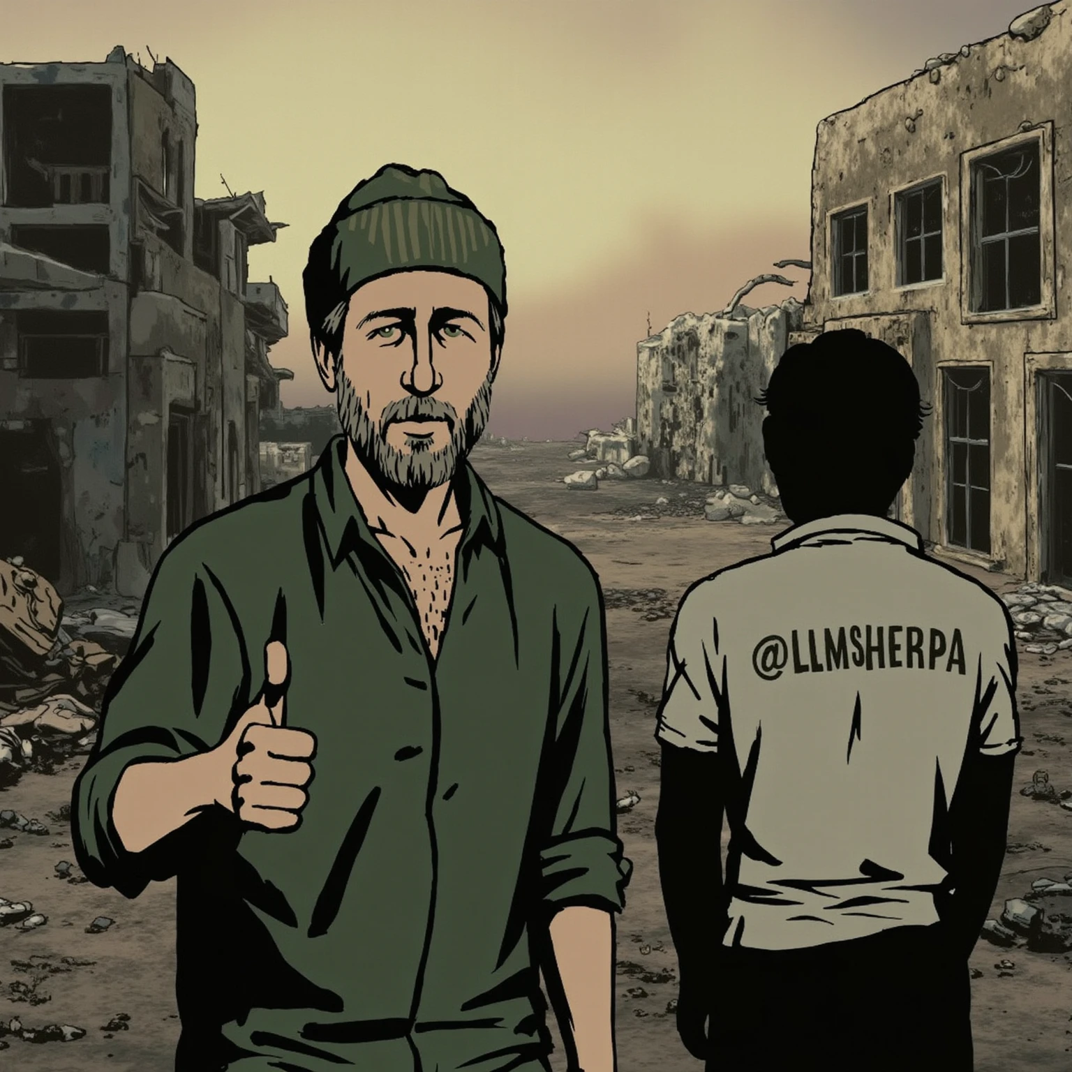 <lora:waltz-with-bashir:1> _Waltz_with_Bashir_ A man with a beard and a green beanie is standing in front of a war-torn village, giving a thumbs-up with a calm expression. The background shows destroyed buildings, broken windows, and rubble scattered around the area. Beside him stands a figure wearing a shirt labeled @LLMSHERPA, looking off into the distance as the ruins of the village stretch behind them.