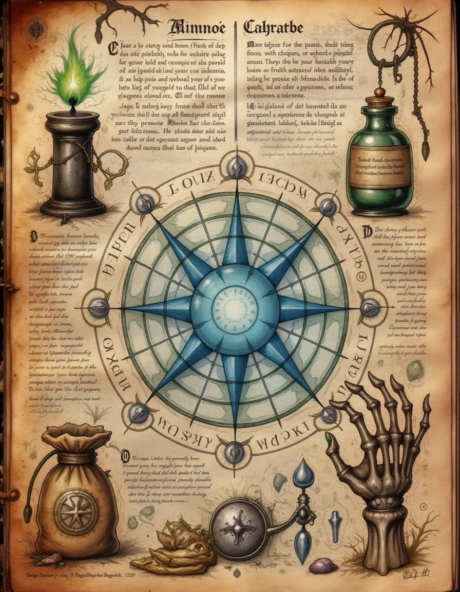 spllbkpg, The spellbook page reveals a detailed illustration of a summoning circle, glowing with blue energy and surrounded by arcane runes. At the top left, a black candle burns with green flame, casting shadows. To the right, a hand-drawn potion bottle, labeled with mysterious symbols, rests beside a small pouch of glowing crystals. Below, a skeletal hand is etched in detail, grasping a silver amulet. The background is filled with faded, flowing scripts and geometric lines, adding depth to the magical design., <lora:codex_arcanum_v20-360:1>, spllbkpg