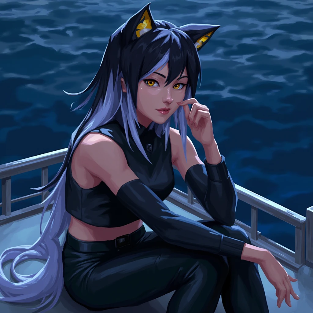 valorant style illustration of a 18 yo girl, left side of hair is black and right side of hair is white wearing cat ears. Yellow eyes with cat long pupils. Girl is wearing a black leather sleeveless and open-neck top, neckline, medium breasts. black leather fitted pants. looking at the viewer. The girl is sitting on metallic platform on the deepsea. during night time. detailed skin texture.