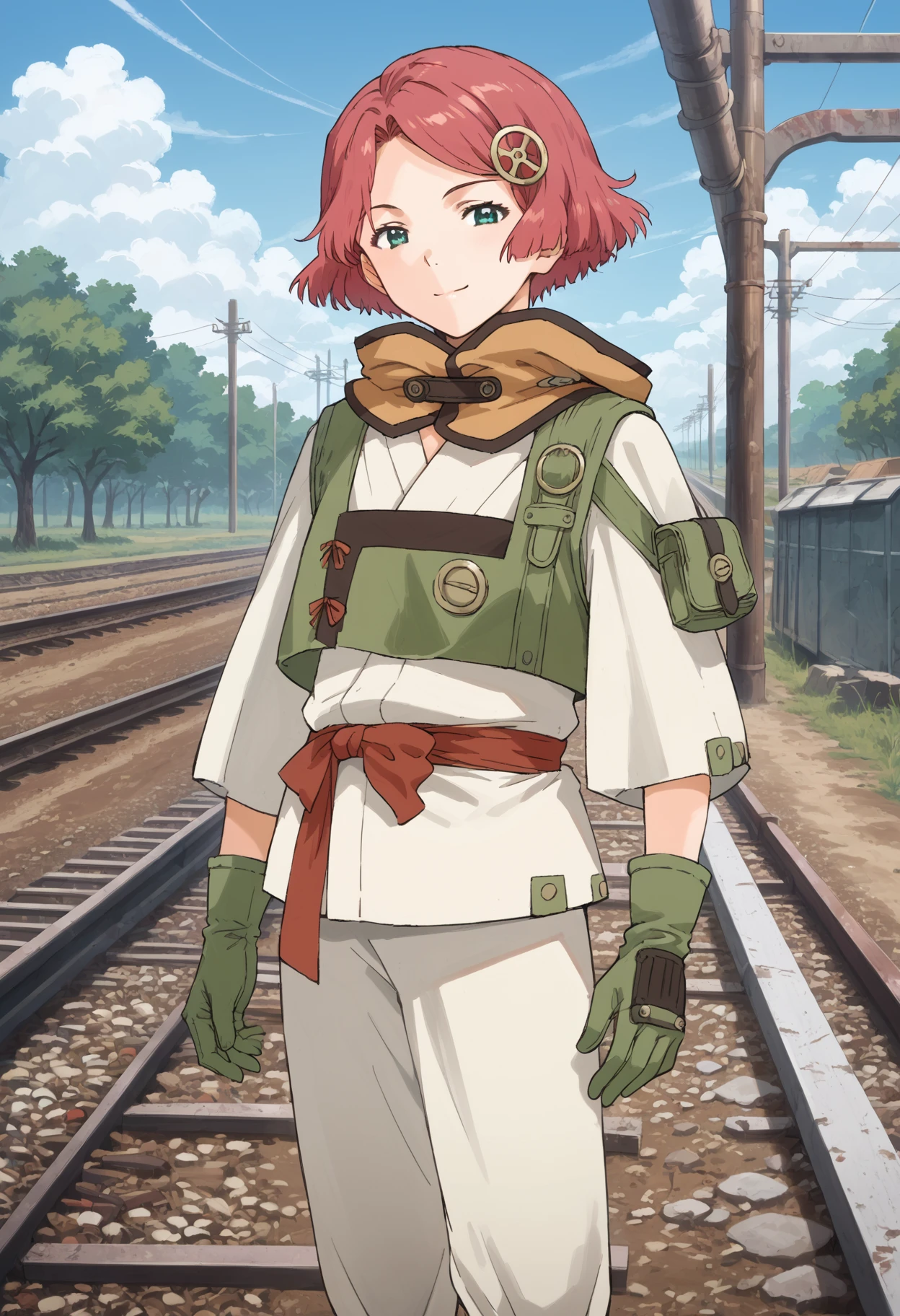 score_9, score_8_up, score_7_up, , source_anime,yukinakabaneri, 1girl, solo, green eyes, short hair, hairclip, red hair,hood down,  karate gi,  , green gloves, , green vest, standing, closed mouth, long sleeves, red belt<lora:yukinakabaneri_pony4:1> cowboy shot,  standing,looking at viewer, steampunk, railroad tracks, steam train, smile