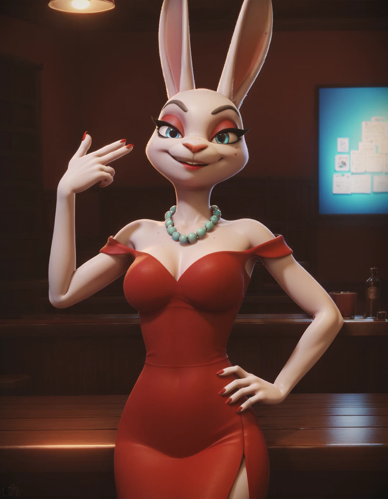 score_9, score_8_up, score_7_up, score_6_up, score_5_up, score_4_up, solo, 3D
Rabbit_Liars_Bar, gray fur, blue eyes, beads, makeup, white birthmark, red dress, finger gun to head <lora:FingergunToHead_XLPD:1>, portrait, bar
 <lora:Rabbit_Liars_Bar_XL:0.8>