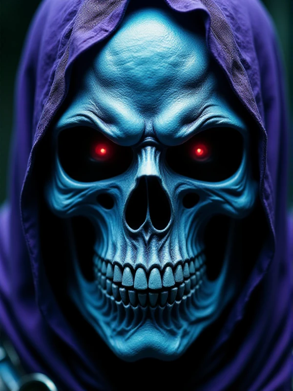 Skeletor, Skull face and blue skin closeup face portrait <lora:Skeletor:0.9>