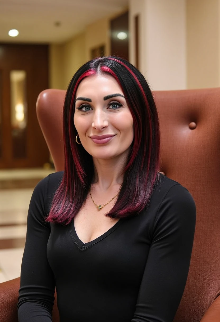 LL woman a woman sitting in a chair in a lobby. She is surrounded by a carpeted floor, a television mounted on the wall, a cupboard, some lights, and a roof with ceiling lights. UHD, 4k, smile, closeup,