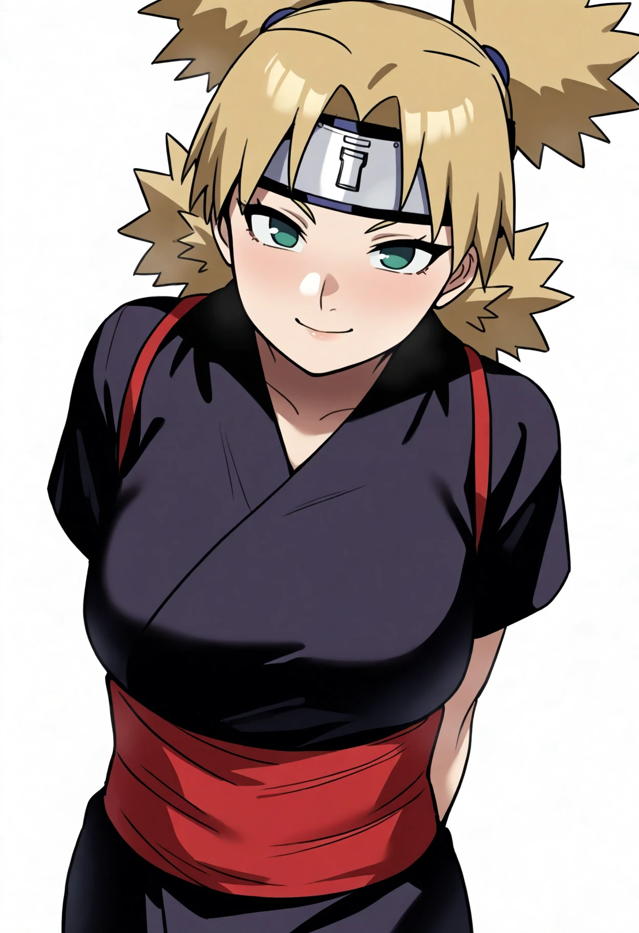 best quality, amazing quality, very aesthetic, absurdres,
1girl, temari, blonde hair,quad tails, dark green eyes,
forehead protector, black kimono, red sash, short sleeves,
arms behind back, solo, upper body, smile, looking at viewer, simple background, white background  <lora:TemariShippudenIllustriousXL_byKonan:1>