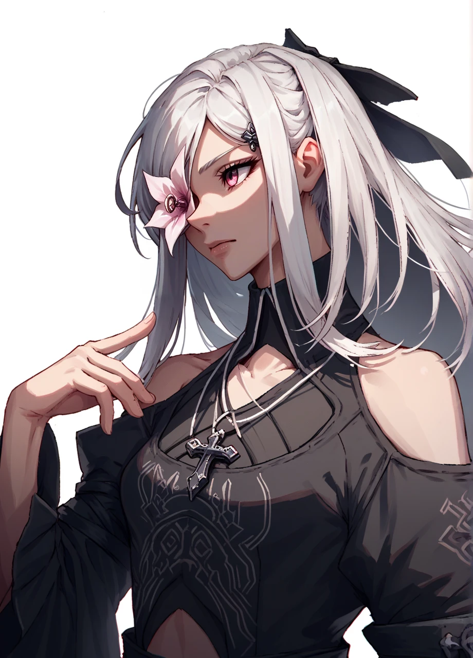 1girl, solo, long hair, white hair, hair bow, hairclip, flower over eye, pink eye, zeroalt, black dress, cross necklace, exposed shoulders, wide sleeves, upper body, white background   <lora:Nier_Zero-PONY:0.8>, score_9, score_8_up, score_7_up, score_6_up,