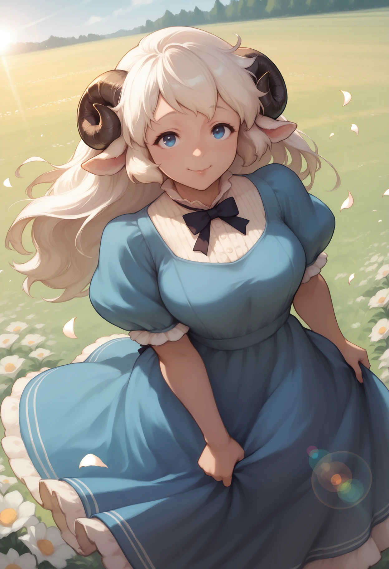 masterpiece, best quality, 1girl, athletic,
sheep girl, sheep horns, blue eyes, long hair, white hair, mature female, milf, neck tuft, blue dress, frills, puffy sleeves, ribbons, bowtie, dress grab, looking at viewer, happy, outdoors, field, flowers, sunbeam, wind, petals, lens flare, from above, dutch angle,