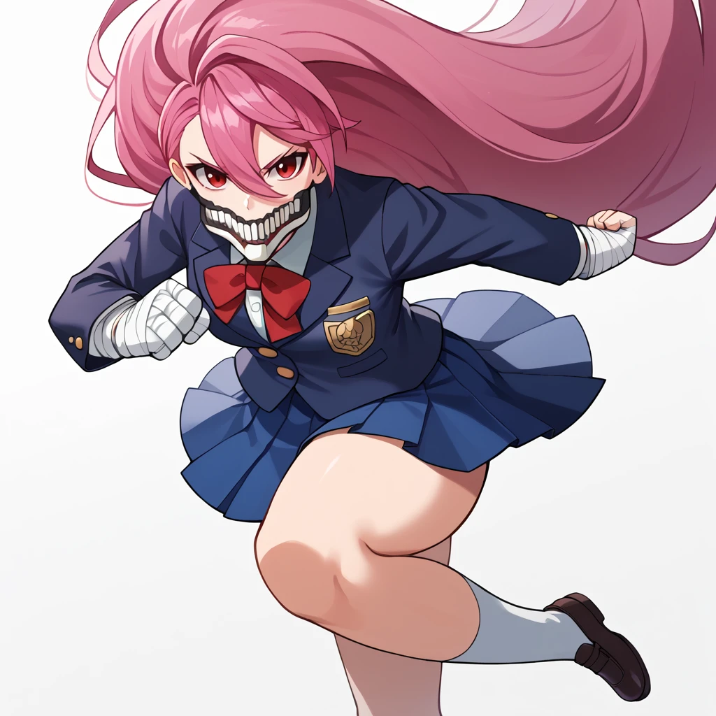 (Score_9,  score_8, score_6, score_7:0.6), masterpiece, best quality, good quality, newest, Aira, SilkyVer, skull mask, hair between eyes, swept bangs, asymmetrical bangs, 1girl, pleated skirt, school uniform, long hair, pink hair, jacket, looking at viewer, red eyes, simple background, white background, long sleeves, bandages, blue skirt, blazer, fighting stance, red bow, miniskirt, leg up, standing on one leg, bandaged hand, floating hair, shirt, bowtie, kicking,   <lora:ShiaratoriAiraDandadanDora-XL-V1:1>âââ