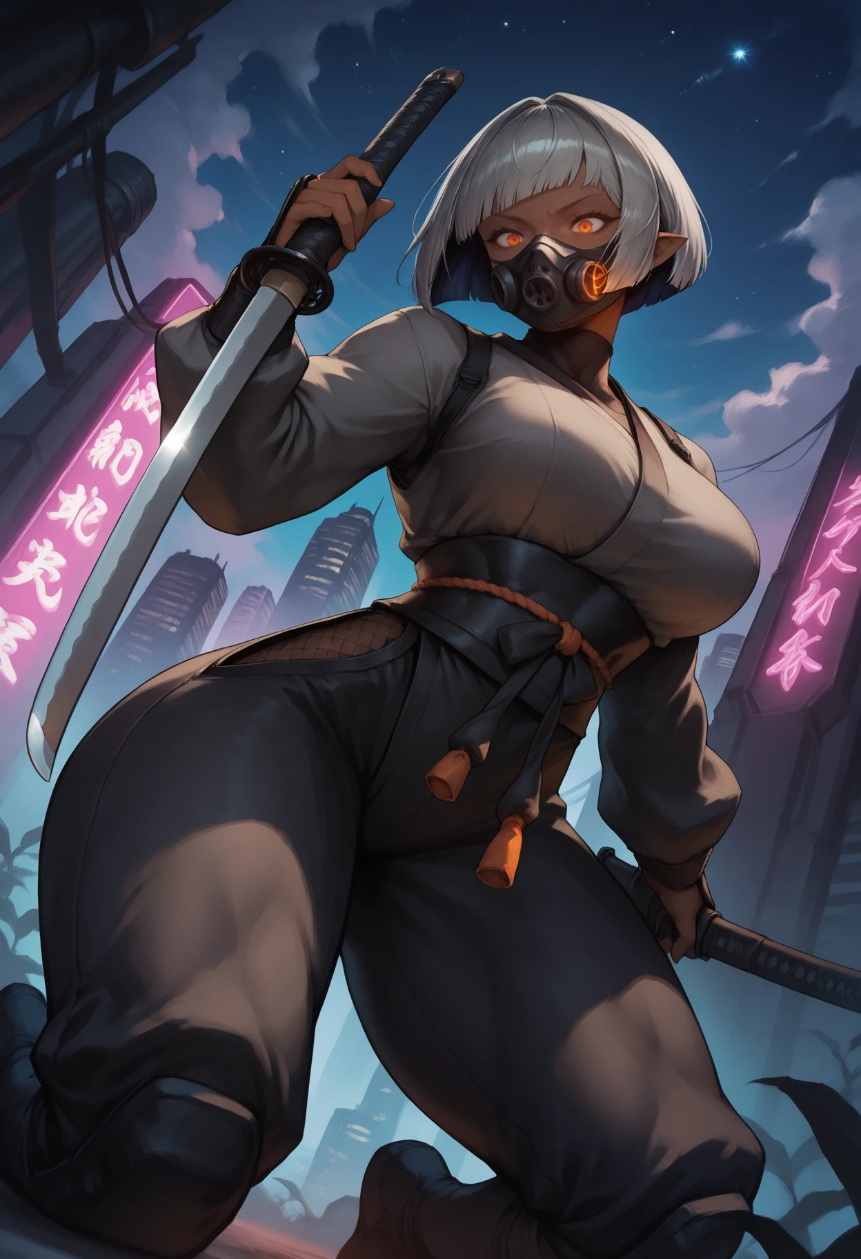 masterpiece, best quality, 1girl, toned,  
dark-skinned female, pointy ears, bob cut, orange eyes, grey hair, black inner hair, large breasts,
ninja, ninja mask, gas mask, black dougi, long sleeves, black sash,
looking at viewer, kneeling, holding katana, weapon, reverse grip,
outdoors, neon lights, science fiction, futuristic, starry sky, clouds, skyscraper, dark environment, night, dutch angle,