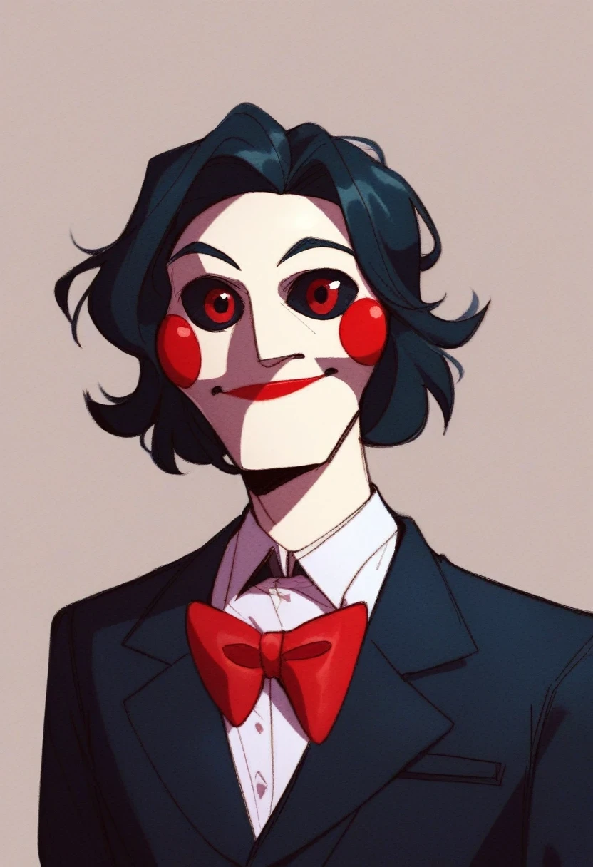 Billy_SML, solo, short hair, shirt, black hair, 1boy, red eyes, bow, jacket, white shirt, upper body, male focus, collared shirt, bowtie, red bow, black jacket, mask, suit, red bowtie, traditional bowtie, clown, @_@. black sclera, colored sclera